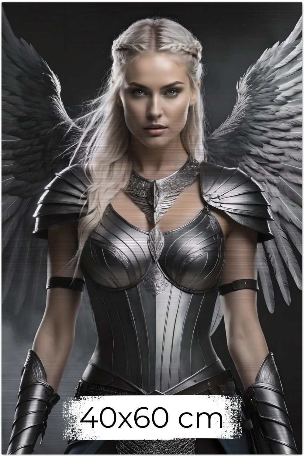 Cineastisches Fantasy-Wandbild einer majestätischen Walküre in glänzender Silberrüstung mit großen, detaillierten Metallflügeln vor dunklem Hintergrund. Brushed 40x60 cm
