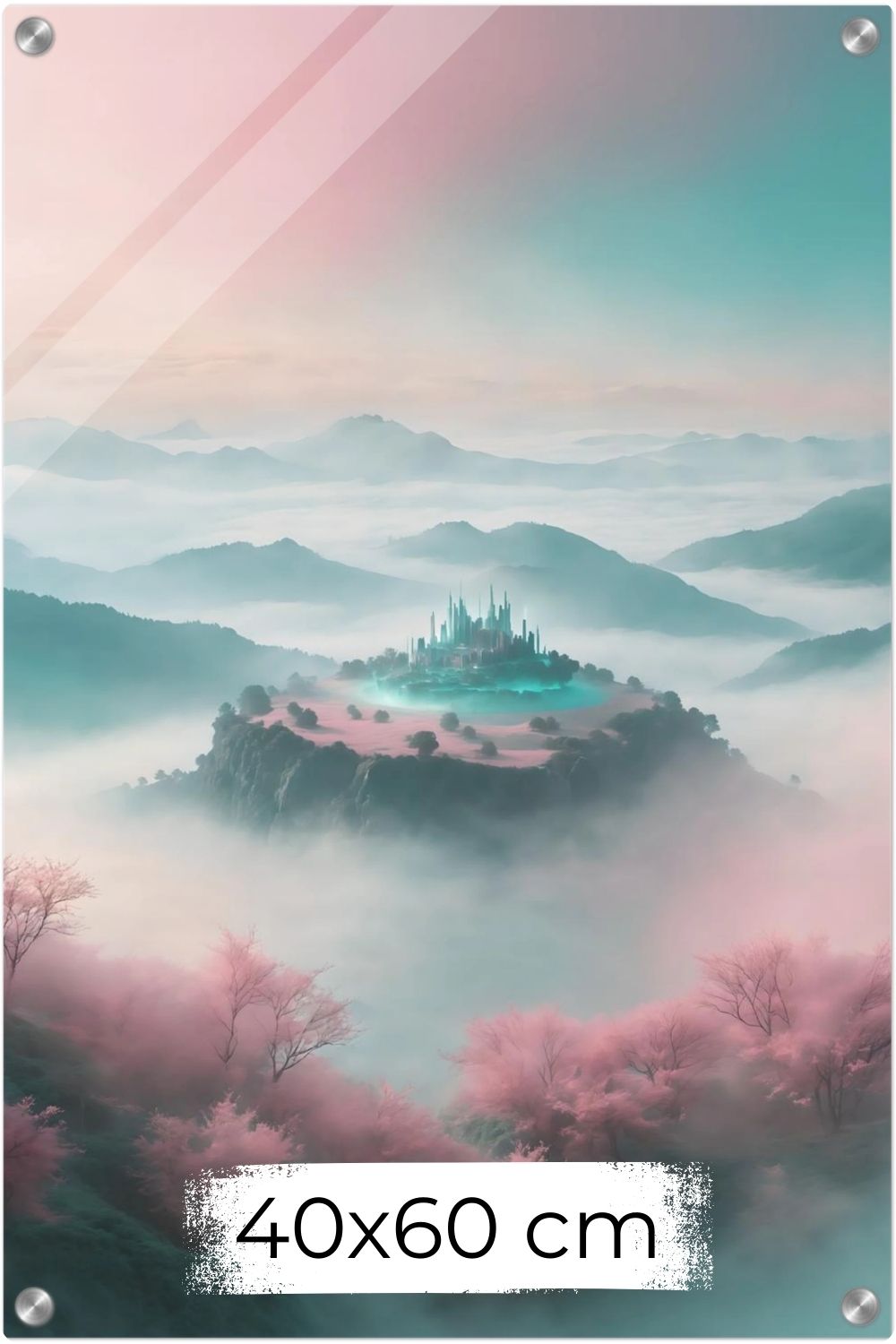 Ein Ort der Ruhe: „Celestial Sanctuary“ zeigt ein magisches Schloss über den Wolken in Rosé & Türkis. Exklusive Fantasy-Kunst für Ihr Zuhause bei Gudekind. Acryl 40x60 cm