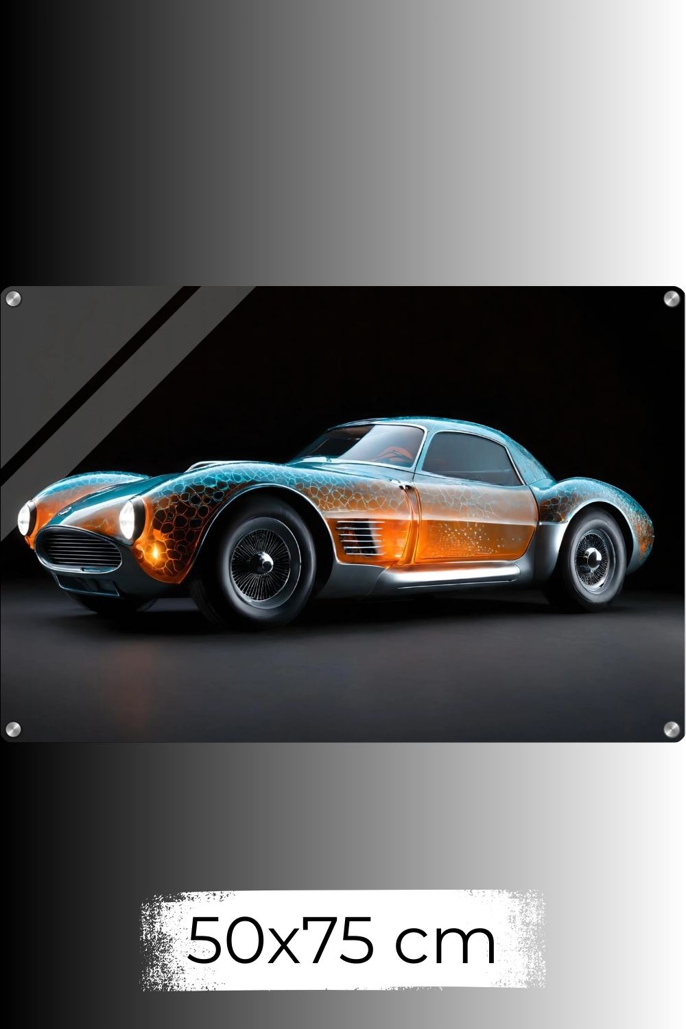 Digitales Kunstwerk eines klassischen Sportwagens mit einer transparenten, bernsteinfarbenen Karosserie und blauen Lichtreflexen. Acryl 50x75 cm
