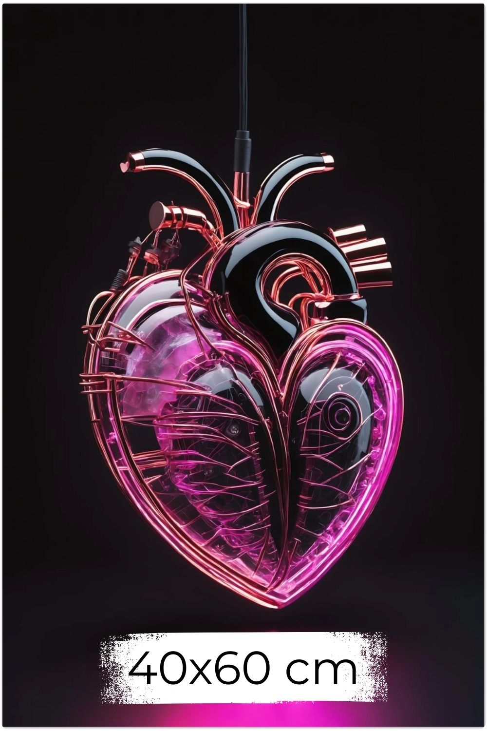 Digitales Kunstwerk eines anatomischen Herzens mit leuchtend pinken Neon-Strukturen und glänzenden schwarzen Oberflächen auf dunklem Grund. Dibond 40x60 cm