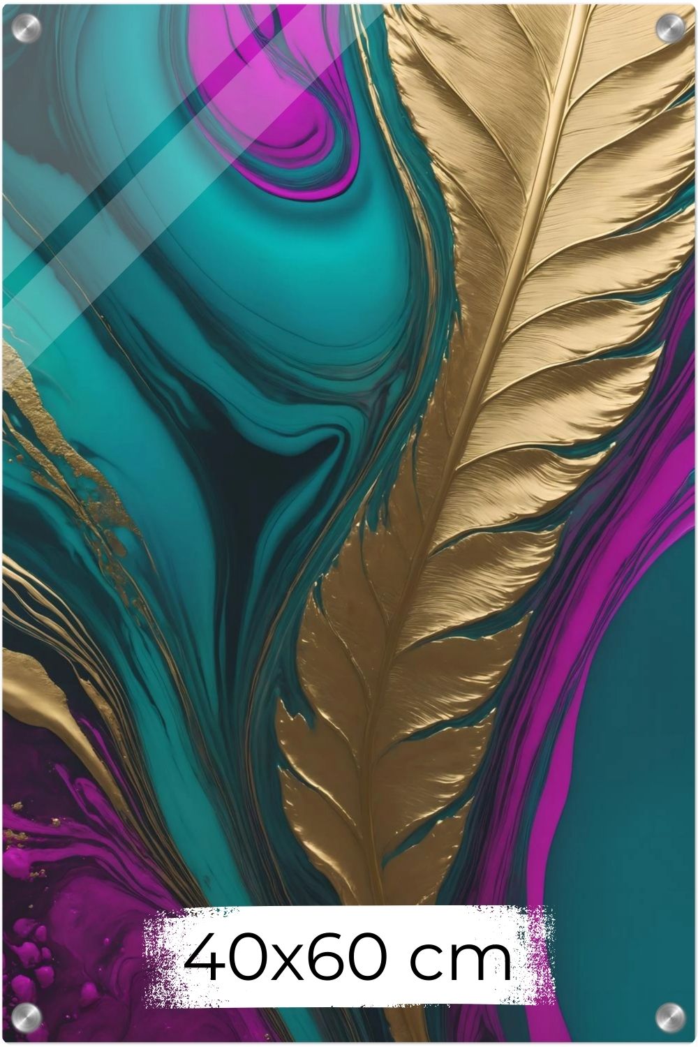 Abstraktes Wandbild mit einer großen goldenen Feder vor einem Hintergrund aus flüssigen Farbverläufen in Türkis, Blau und Magenta. Acryl 40x60 cm