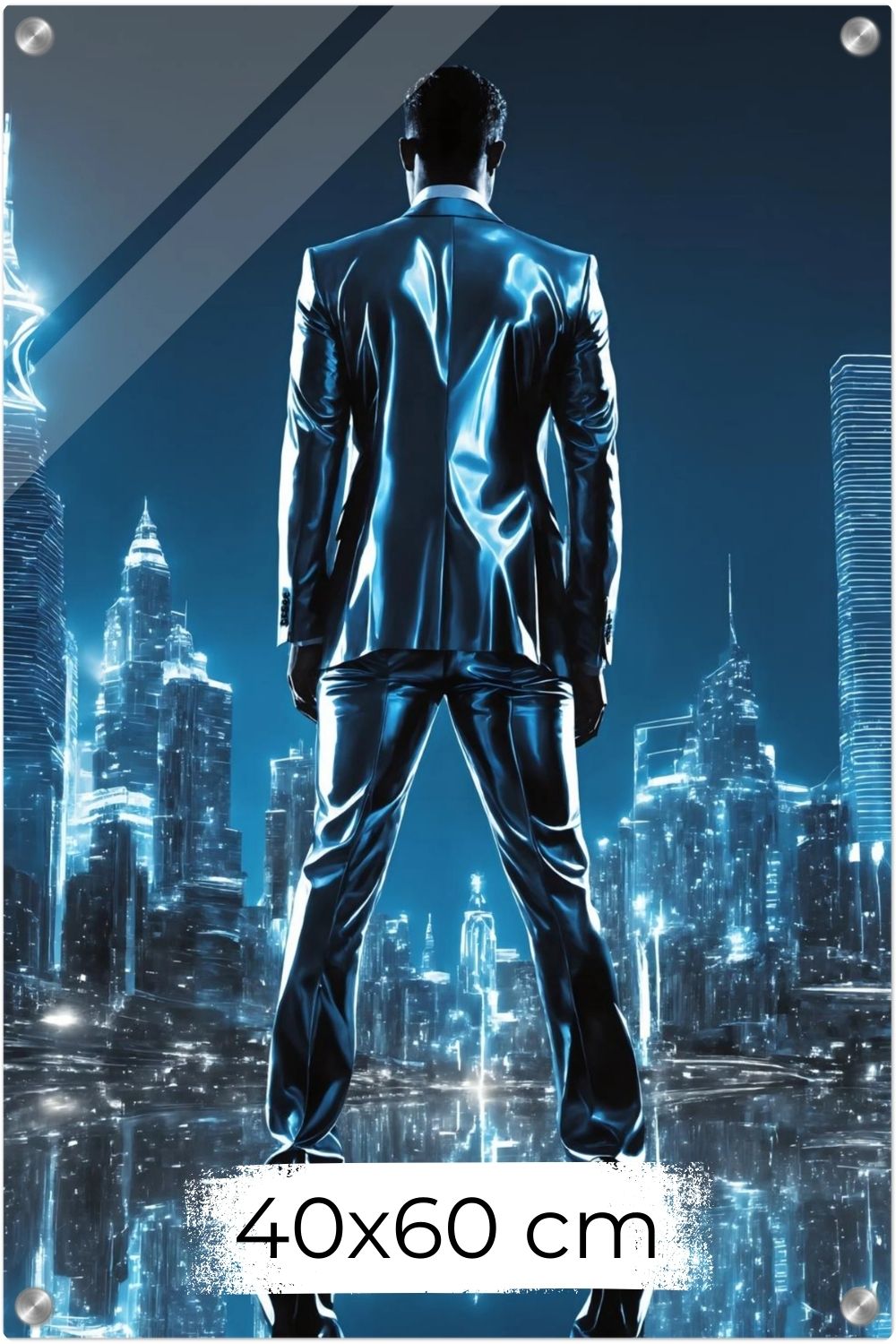 Erfolg visualisiert: „Liquid Ambition“ zeigt einen Mann in Metall-Optik vor einer strahlenden Skyline. Kraftvolle Kunst für Ihr Büro bei Gudekind. Acryl 40x60 cm