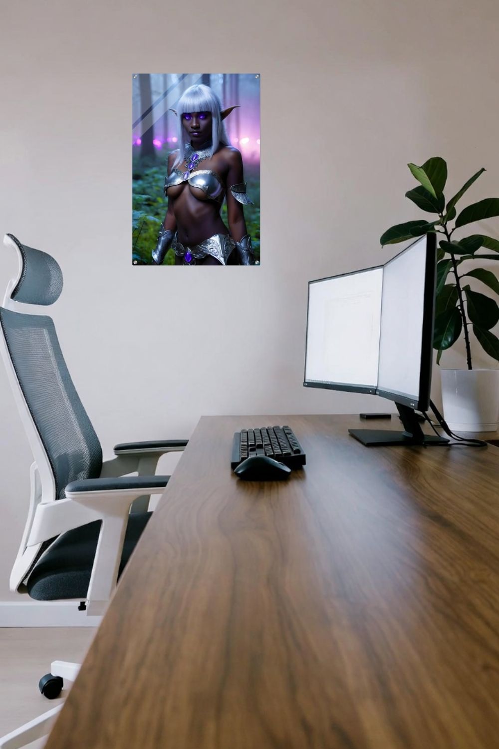 Mystisches Porträt einer Dunkelelfin mit platinweißem Haar, leuchtend violetten Augen und einer silbernen Rüstung in einem nebligen Wald. Acryl