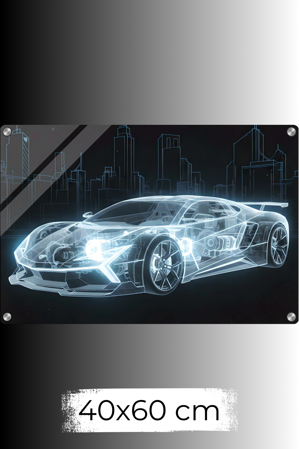 Futuristisches Wandbild eines transparenten, blau leuchtenden Supersportwagens in Blueprint-Optik vor einer skizzierten Stadt-Skyline. Acryl 40x60 cm