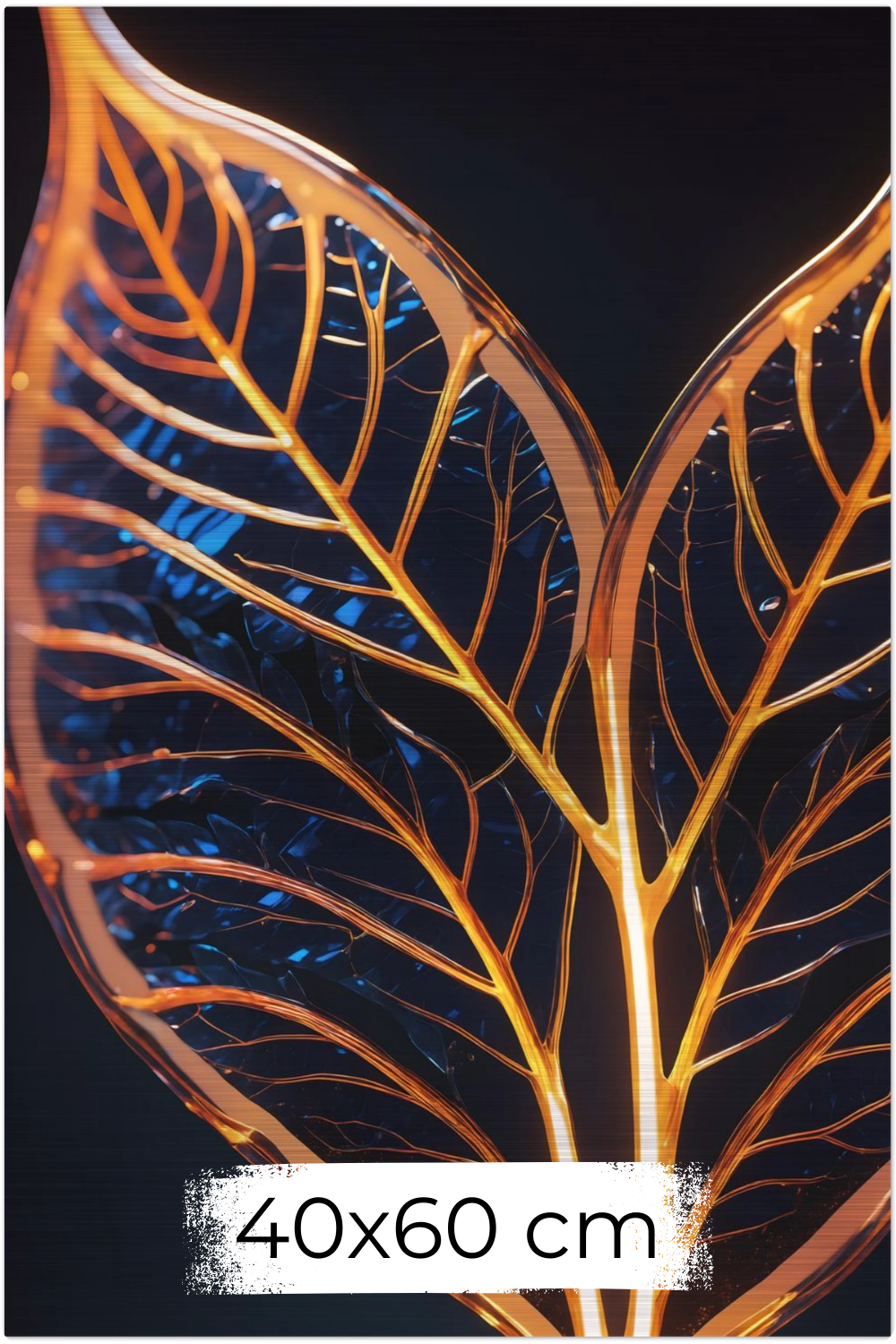 Abstraktes Wandbild mit einer großen goldenen Feder inmitten von fließenden Farbwirbeln in Smaragdgrün und Magenta. Brushed 40x60 cm