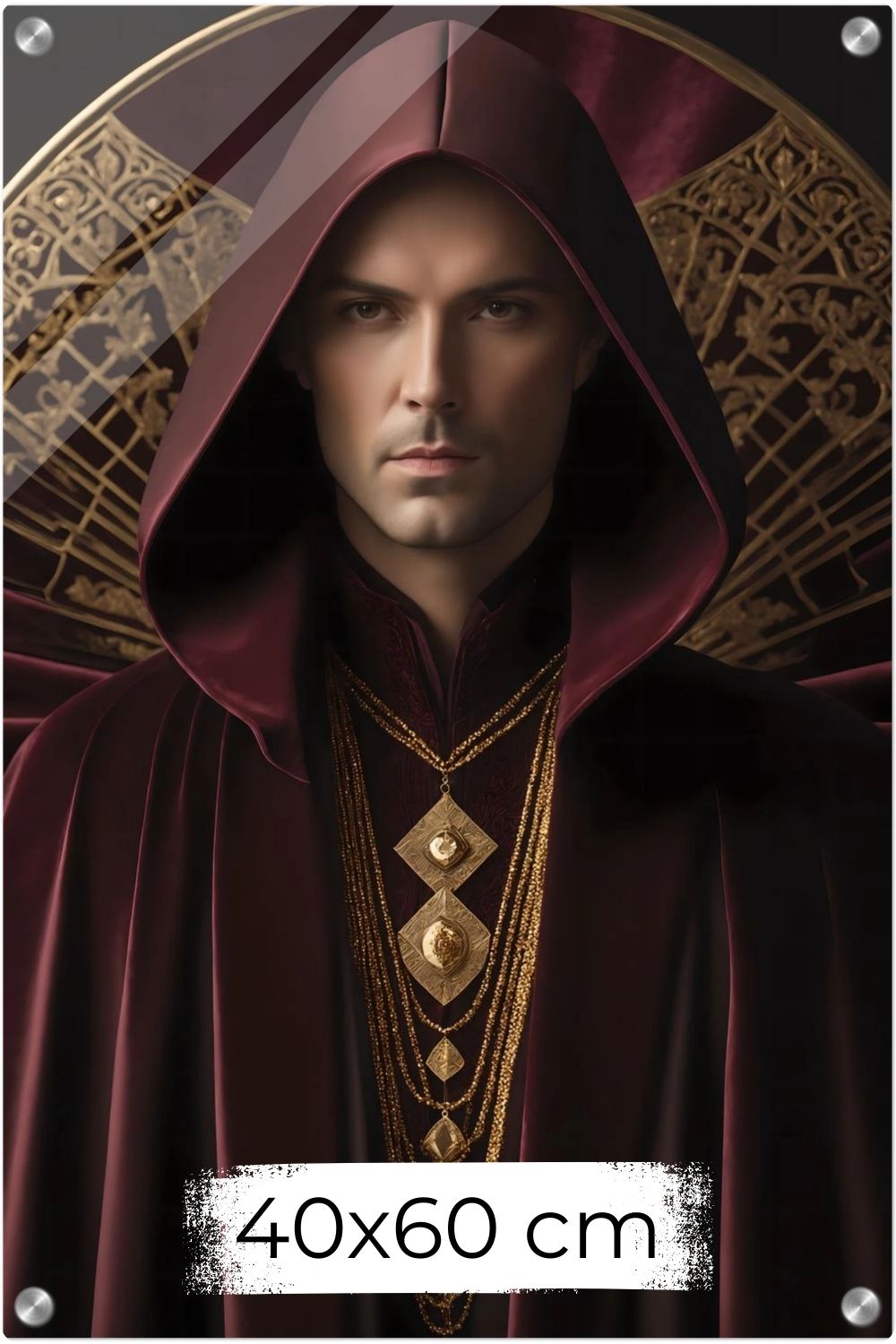 Digitales Kunstwerk einer männlichen Gestalt mit purpurner Kapuze, goldenen Ketten und kunstvollem Hintergrund. Acryl 40x60 cm