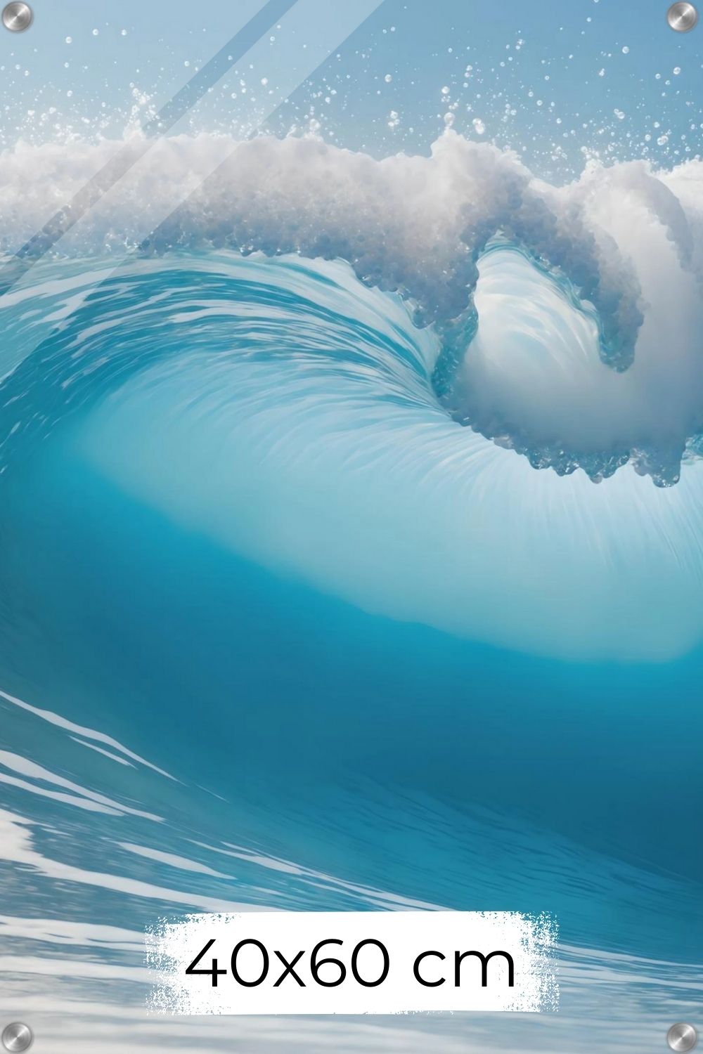 Hochwertiges Wandbild einer großen, brechenden Meereswelle in hellem Türkis mit weißer Gischt unter klarem Himmel. Acryl 40x60 cm