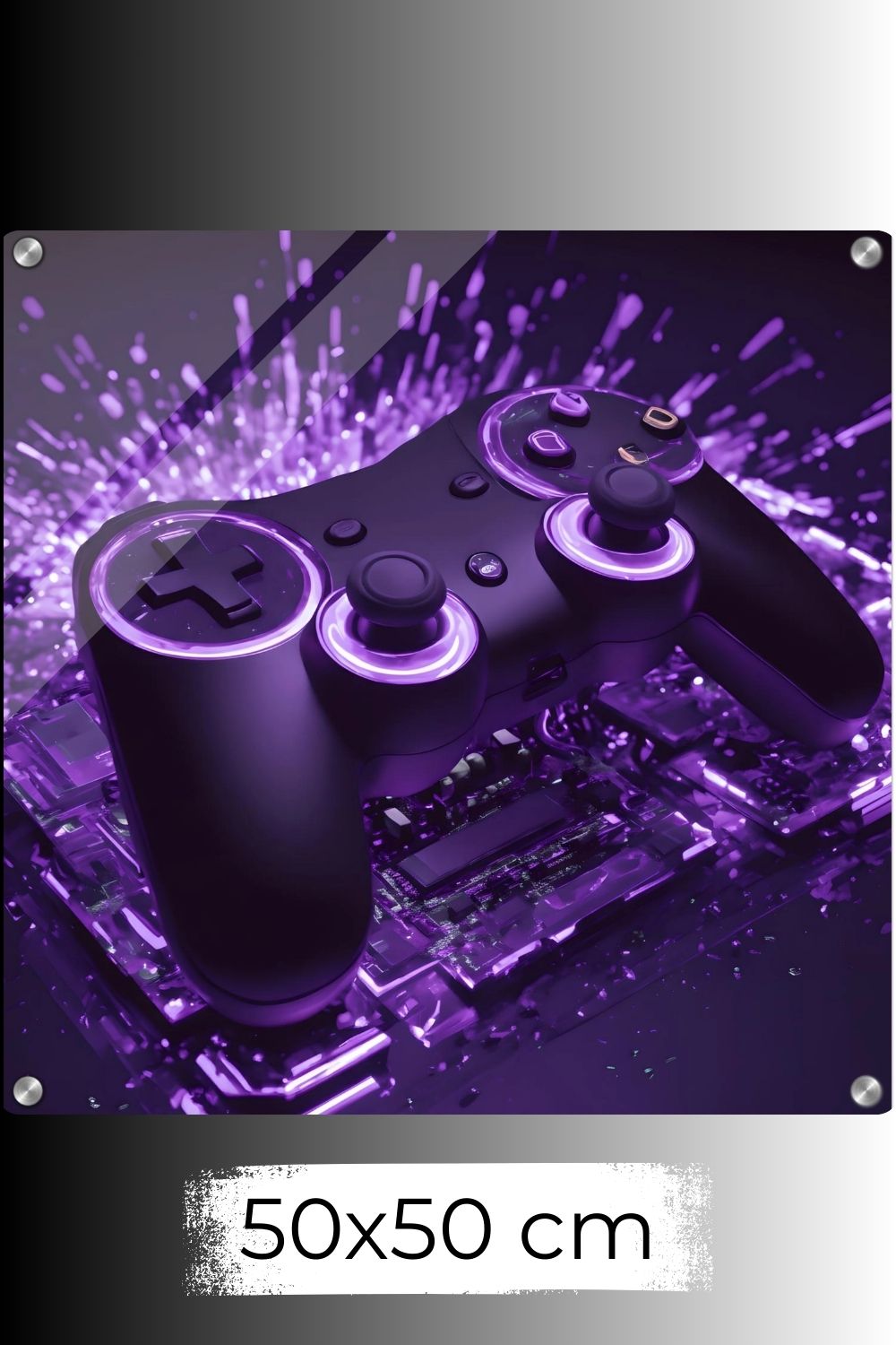 Modernes Gaming-Wandbild mit einem schwarzen Controller, der von violettem Neonlicht und Lichtpartikeln umgeben ist. Acryl 50x50 cm