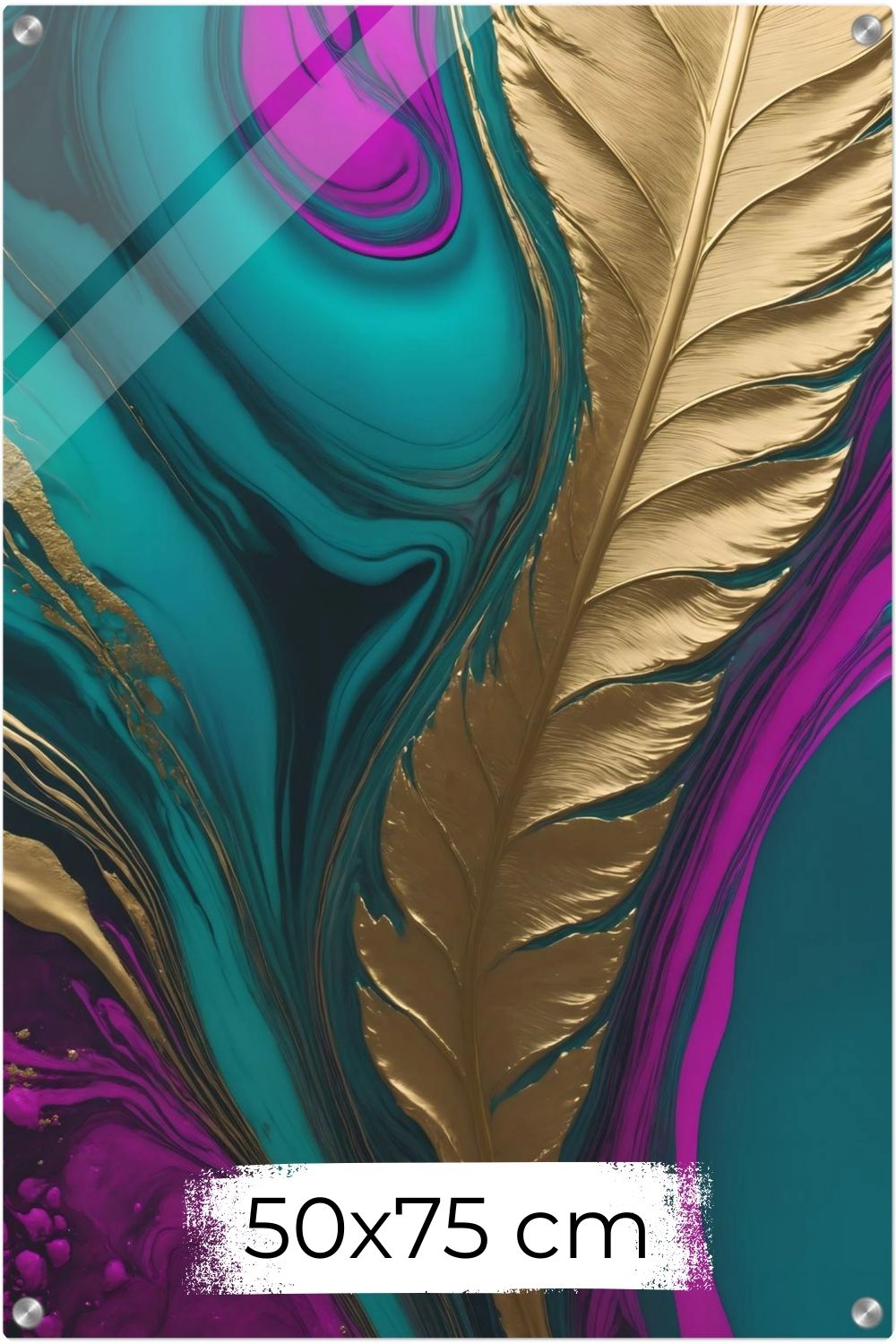 Abstraktes Wandbild mit einer großen goldenen Feder vor einem Hintergrund aus flüssigen Farbverläufen in Türkis, Blau und Magenta. Acryl 50x75 cm