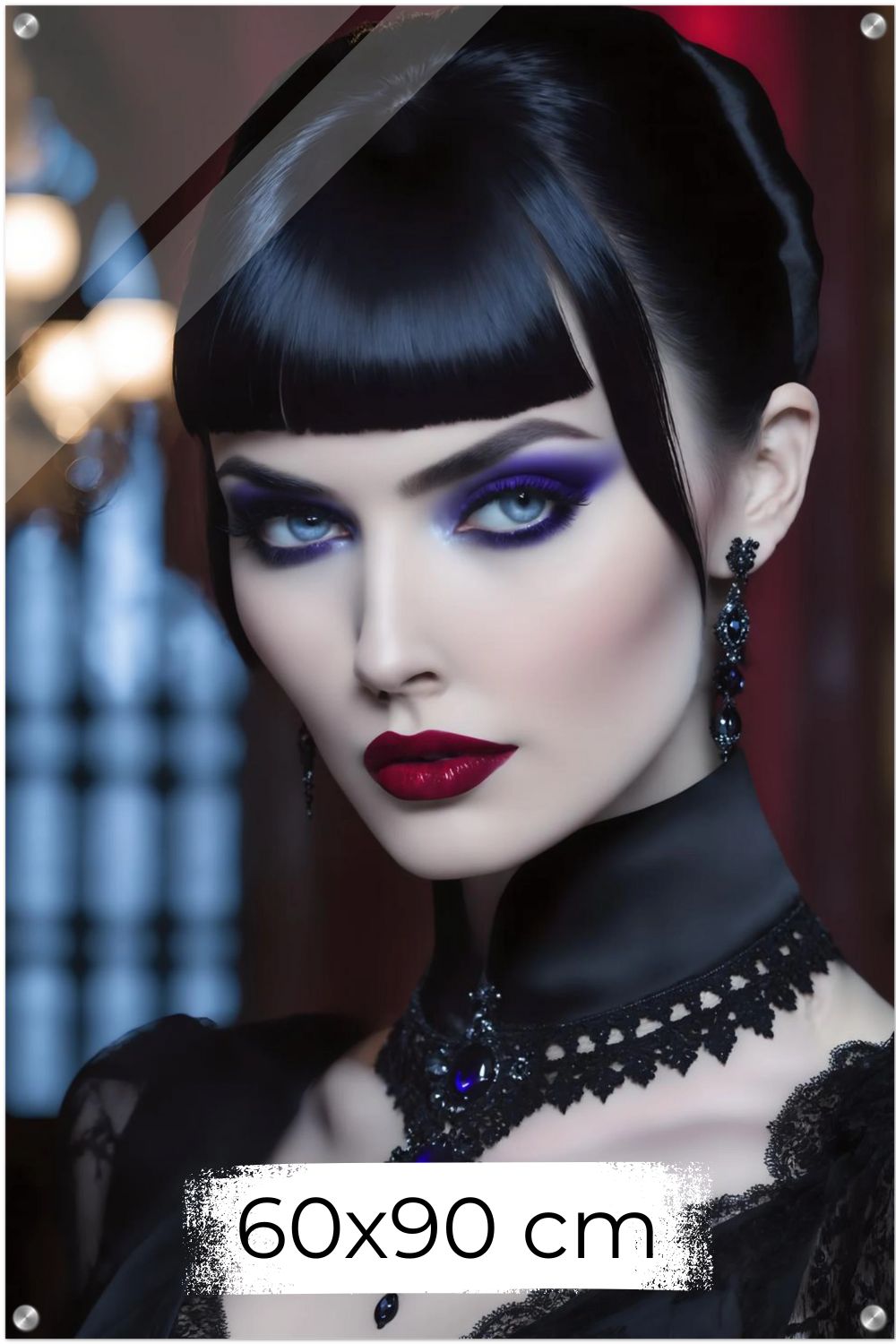 Nahaufnahme einer Frau mit kurzem Pony, lila Lidschatten, roten Lippen und schwarzem Schmuck mit blauen Edelsteinen. Acryl 60x90 cm