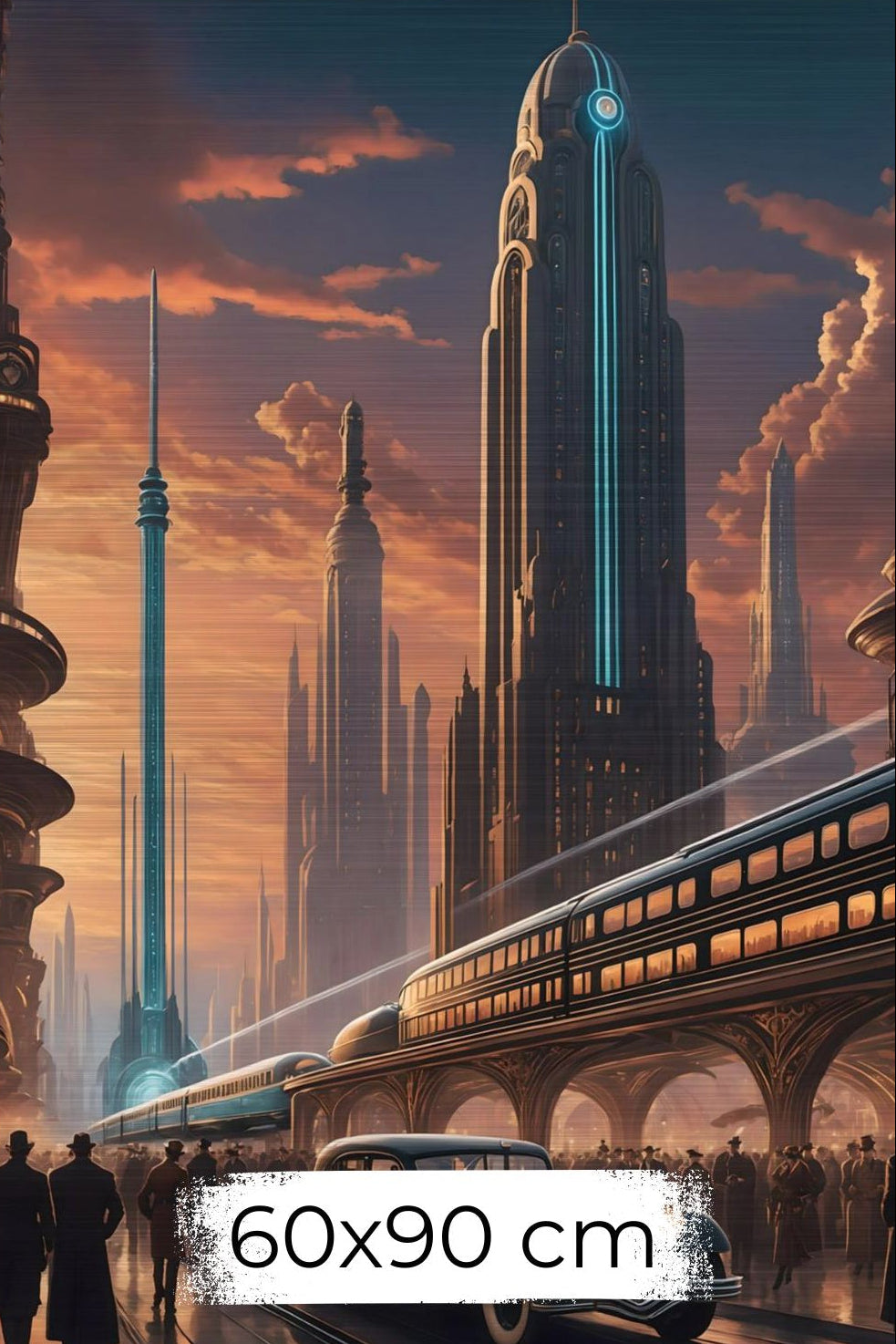 Cineastische Szene einer futuristischen Stadt im Art-Déco-Stil mit einem schwarzen Oldtimer, einem modernen Schnellzug und einer Skyline im goldenen Sonnenuntergang Brushed 60x90 cm