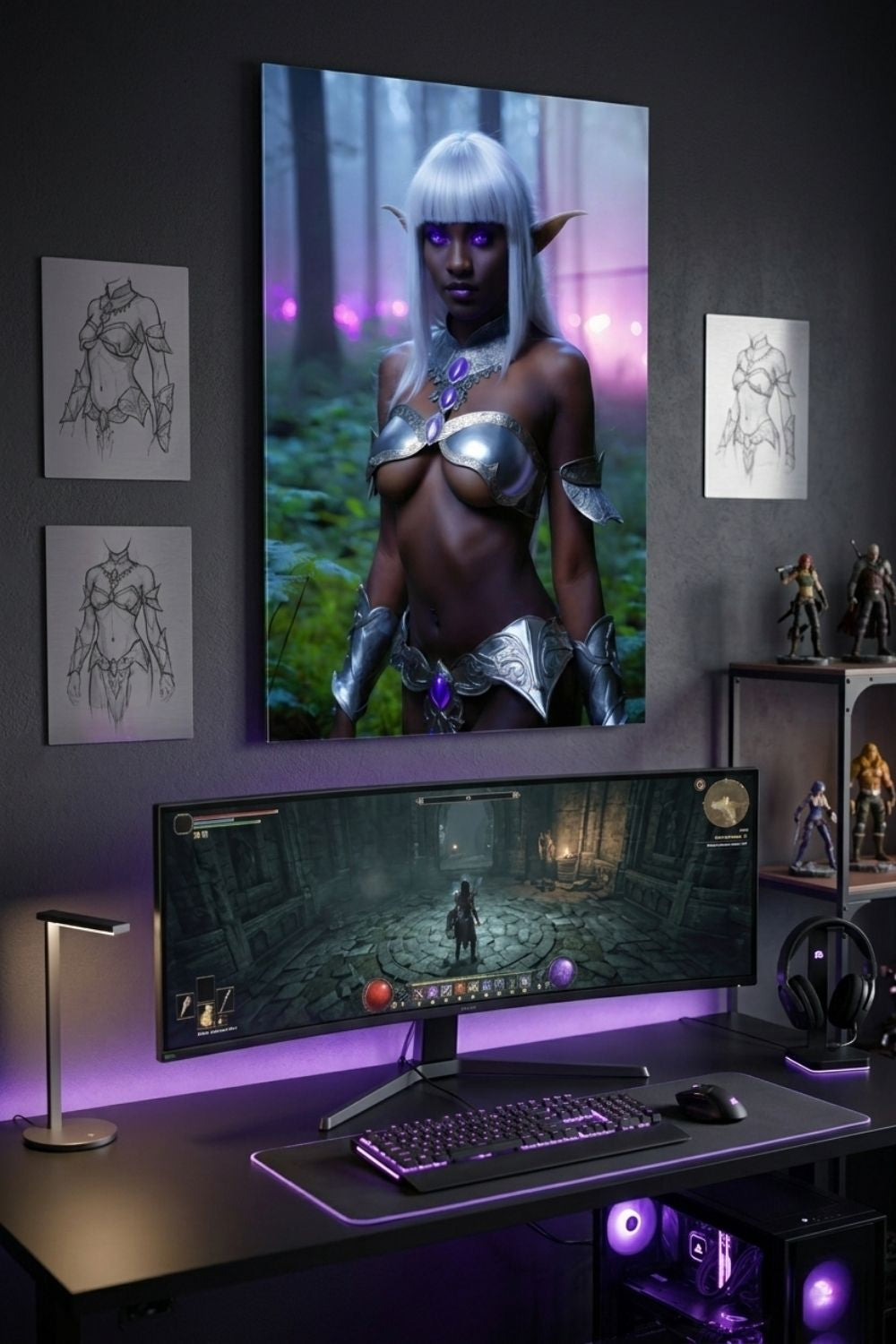 Mystisches Porträt einer Dunkelelfin mit platinweißem Haar, leuchtend violetten Augen und einer silbernen Rüstung in einem nebligen Wald. Acryl