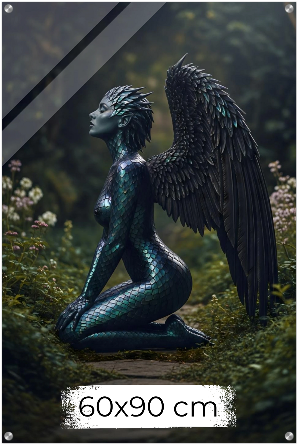 Detailreiches Porträt einer Frau, deren Haut an Wangen und Hals in grüne und goldene Drachenschuppen übergeht. Acryl 60x90 cm