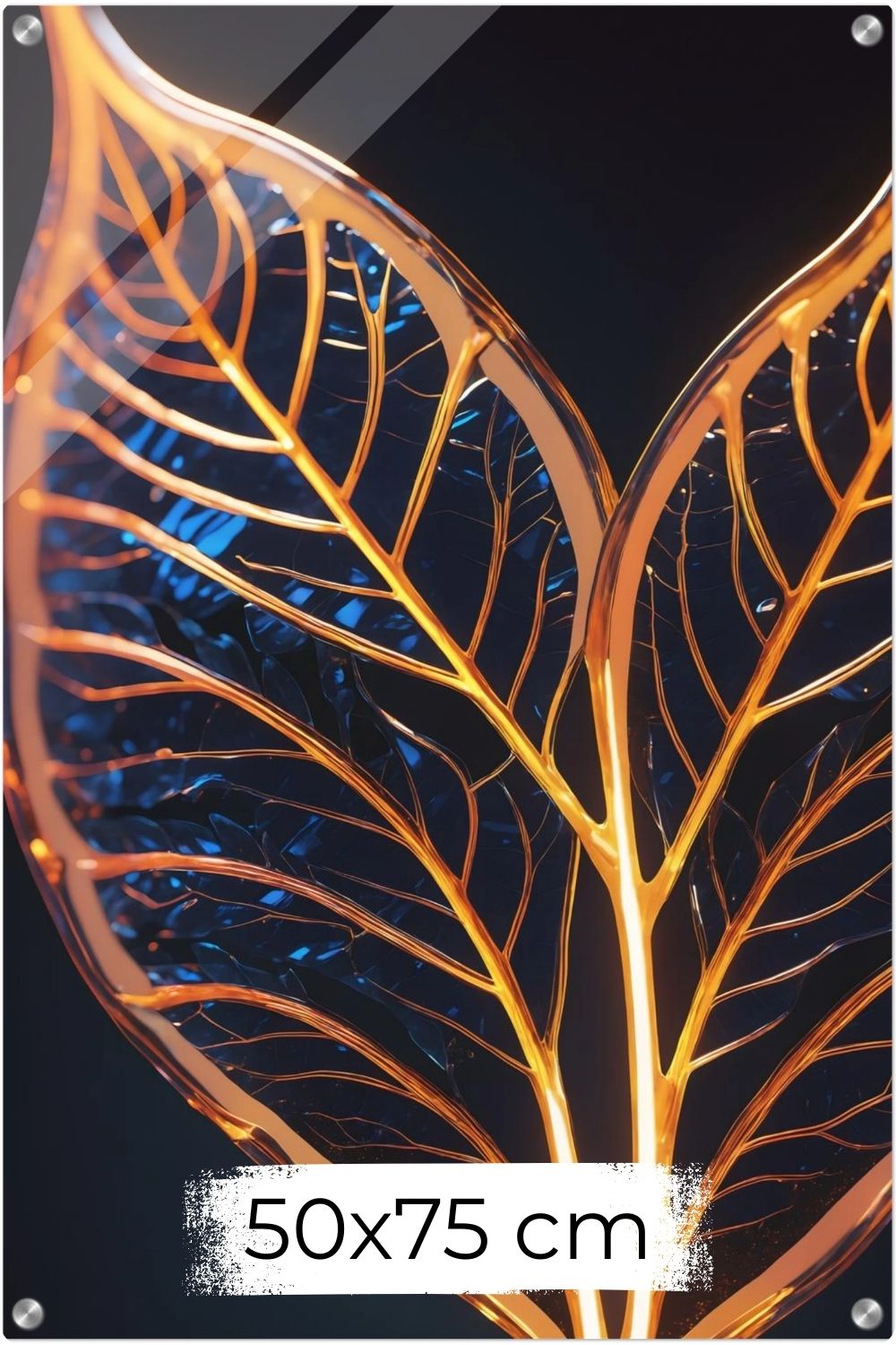 Abstraktes Wandbild mit einer großen goldenen Feder inmitten von fließenden Farbwirbeln in Smaragdgrün und Magenta. Acryl 50x75 cm