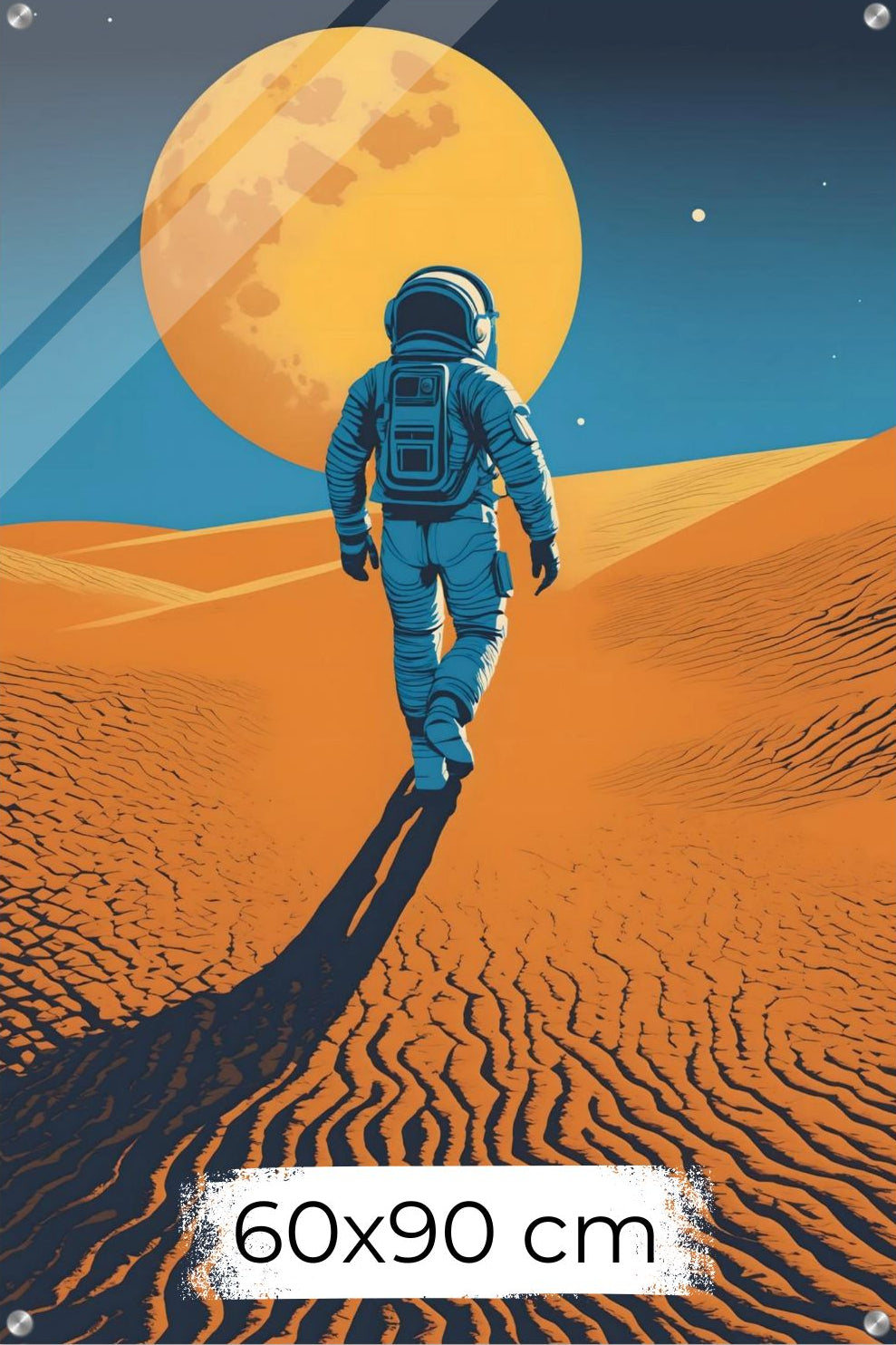 Minimalistisches Wandbild eines Astronauten, der in einer Wüste auf einen riesigen orangefarbenen Planeten zugeht. Acryl 60x90 cm