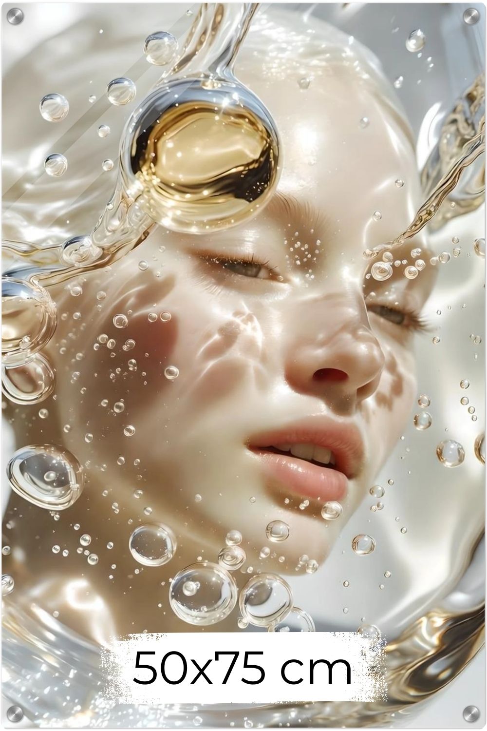 Surreales Porträt einer Frau hinter klarem Wasser mit vielen aufsteigenden Luftblasen, Wassertropfen und hellen Lichtreflexen. Acryl 50x75 cm