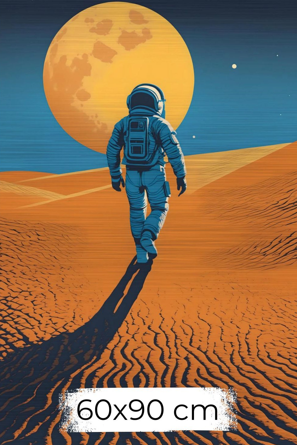 Minimalistisches Wandbild eines Astronauten, der in einer Wüste auf einen riesigen orangefarbenen Planeten zugeht. Brushed 60x90 cm