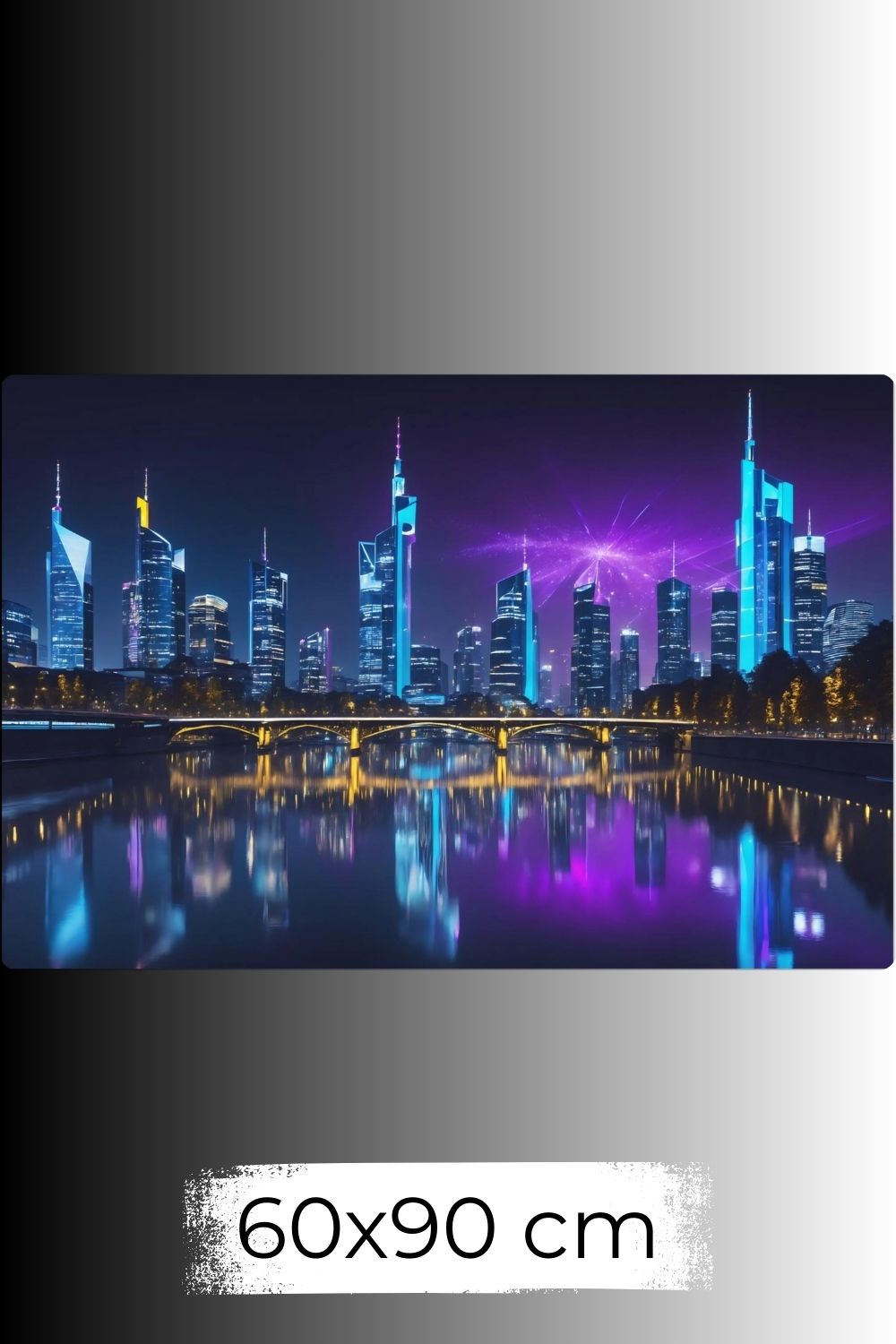 Futuristisches Wandbild der Frankfurter Skyline bei Nacht mit neonblauen Hochhäusern und violetten Lichtreflexionen auf dem Main. Dibond 60x90 cm