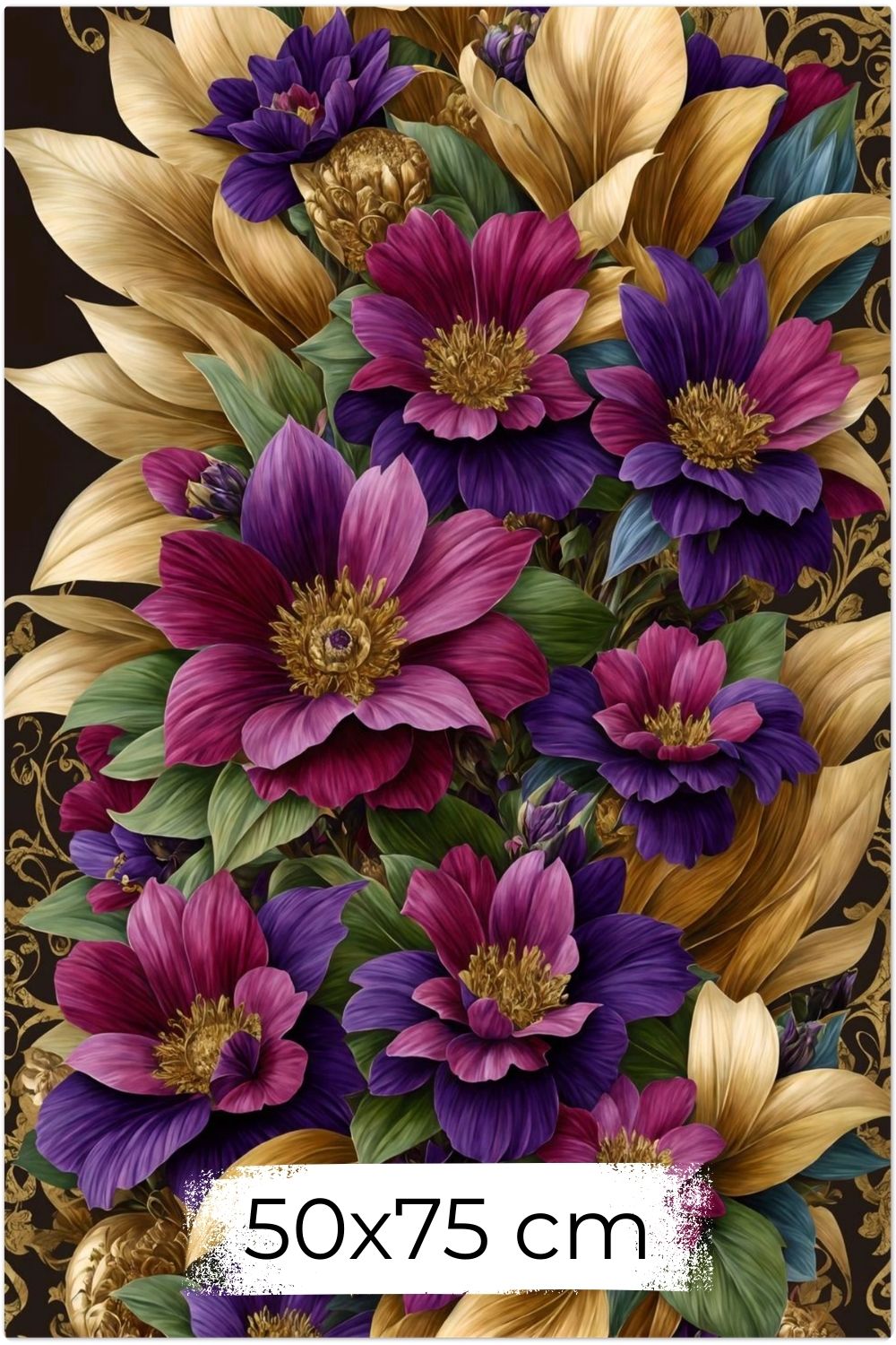 Florale Pracht trifft auf Luxus: „Imperial Blossom“ fasziniert durch goldene Blätter & violette Blüten. Jetzt als exklusives Wandbild bei Gudekind entdecken. Dibond 50x75 cm