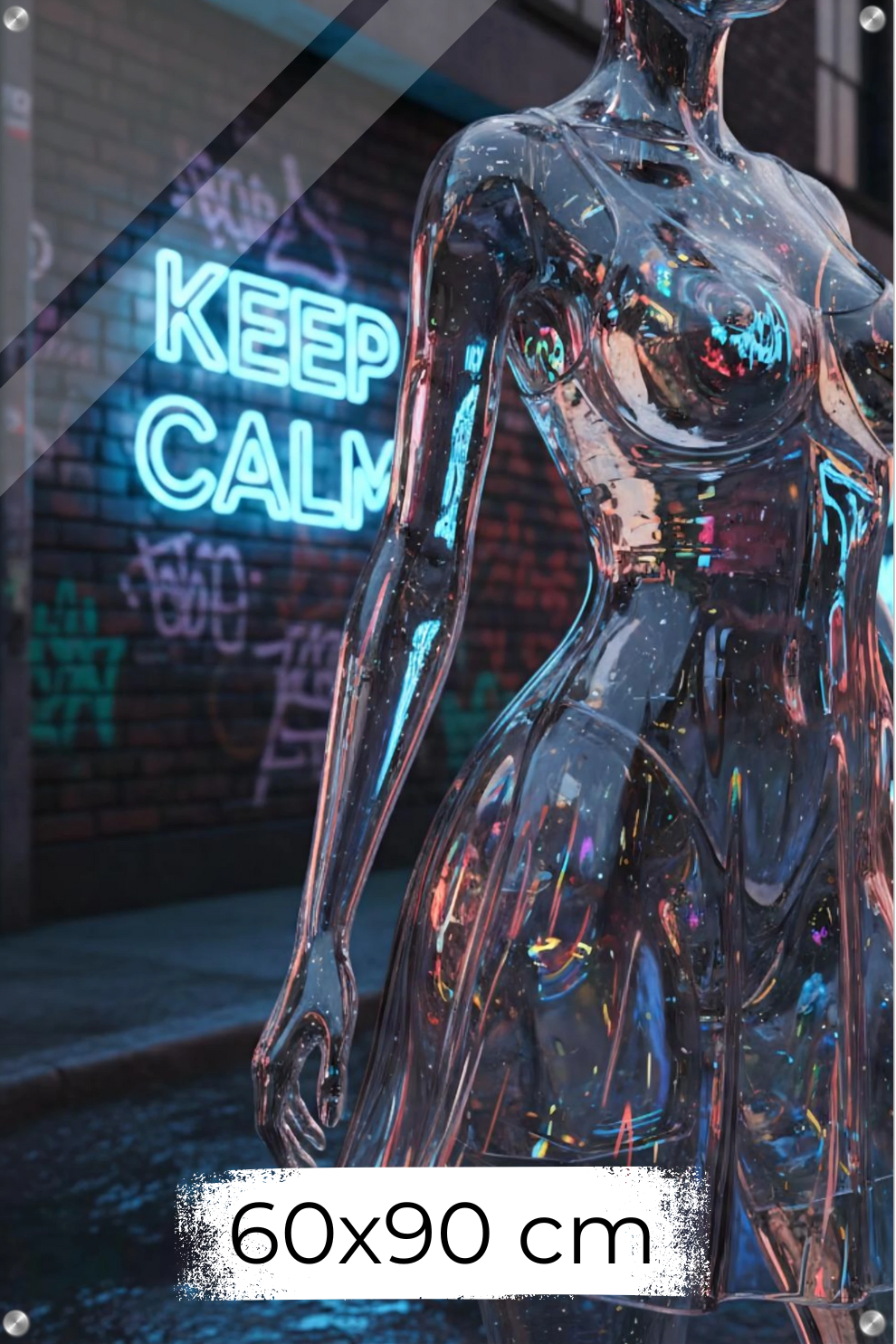 Wandbild einer transparenten Frauenfigur aus Glas vor einer Backsteinwand mit blauem 'Keep Calm' Neonschild. Acryl 60x90 cm