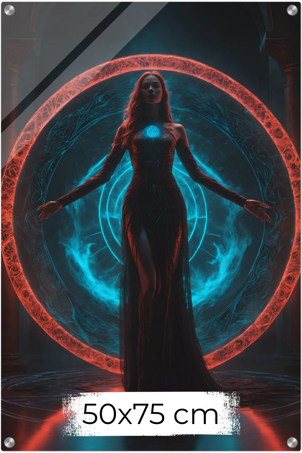Mystisches Wandbild einer Frau in dunkler Robe vor einem glühenden rot-blauen Portal in einer dunklen Tempelhalle, Fantasy-Kunst-Stil. Acryl 50x75 cm