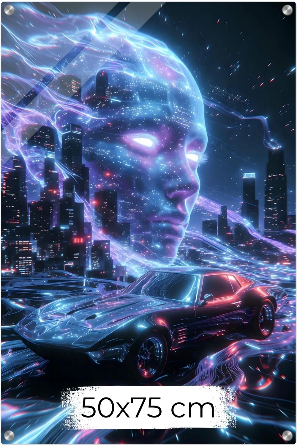 Cyberpunk-Wandbild mit einem Sportwagen auf leuchtenden Datenbahnen vor einer Skyline und dem digitalen Gesicht einer künstlichen Intelligenz. Acryl 50x75 cm