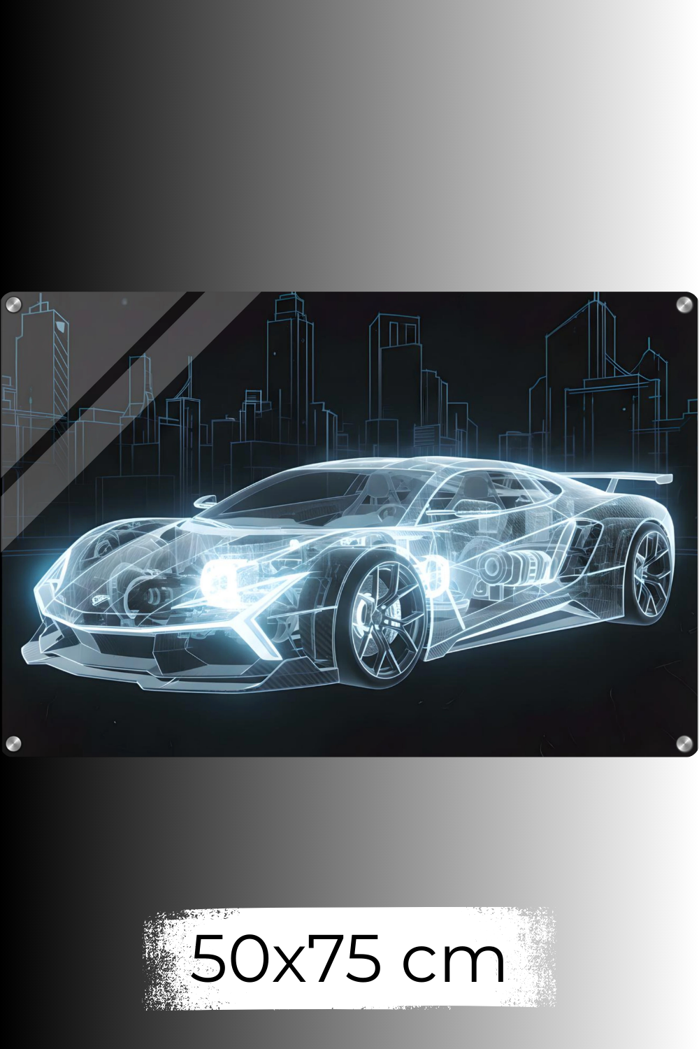 Futuristisches Wandbild eines transparenten, blau leuchtenden Supersportwagens in Blueprint-Optik vor einer skizzierten Stadt-Skyline. Acryl 50x75 cm