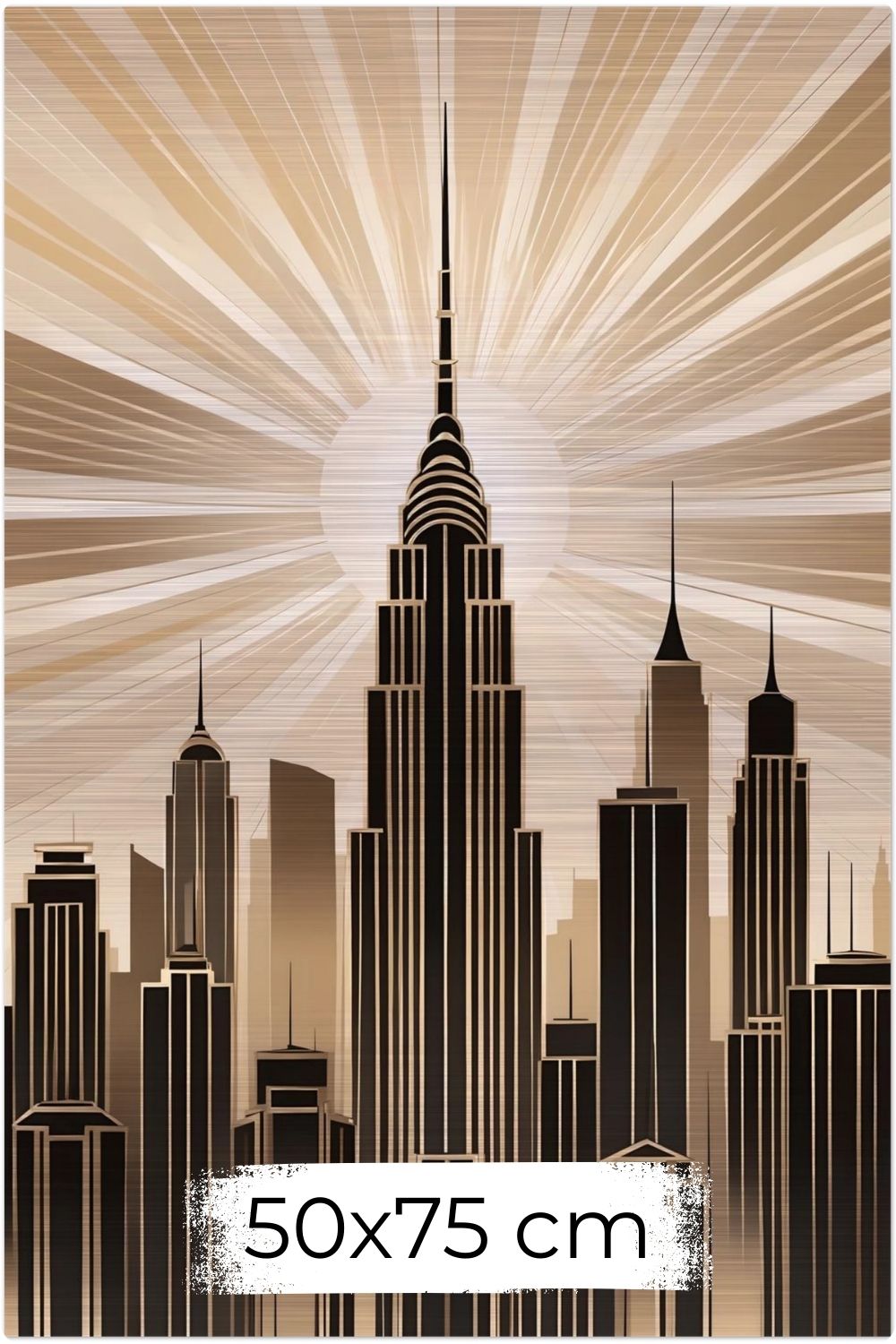 Zeitlose Eleganz: „Empire Radiance“ bringt den Glamour der 20er Jahre als modernes Skyline-Wandbild in Ihr Zuhause. Jetzt exklusiv bei Gudekind bestellen. Brushed 50x75 cm