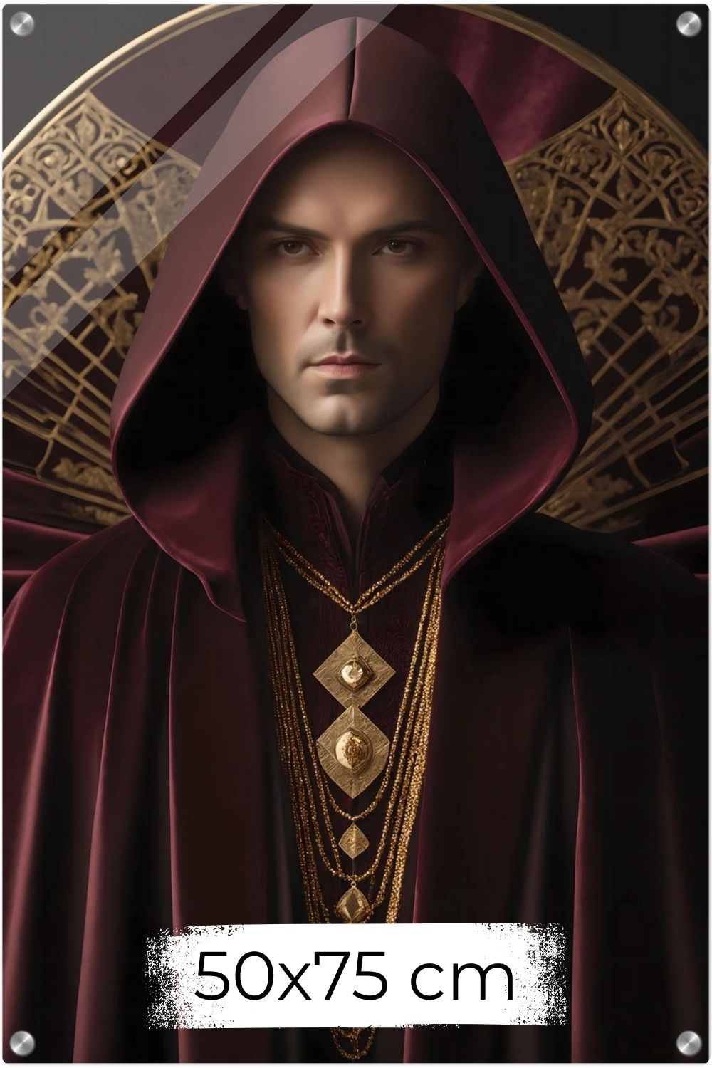 Digitales Kunstwerk einer männlichen Gestalt mit purpurner Kapuze, goldenen Ketten und kunstvollem Hintergrund. Acryl 50x75 cm