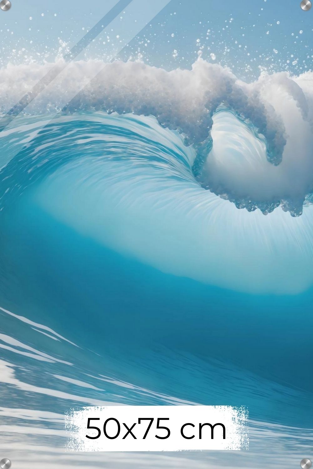 Hochwertiges Wandbild einer großen, brechenden Meereswelle in hellem Türkis mit weißer Gischt unter klarem Himmel. Acryl 50x75 cm