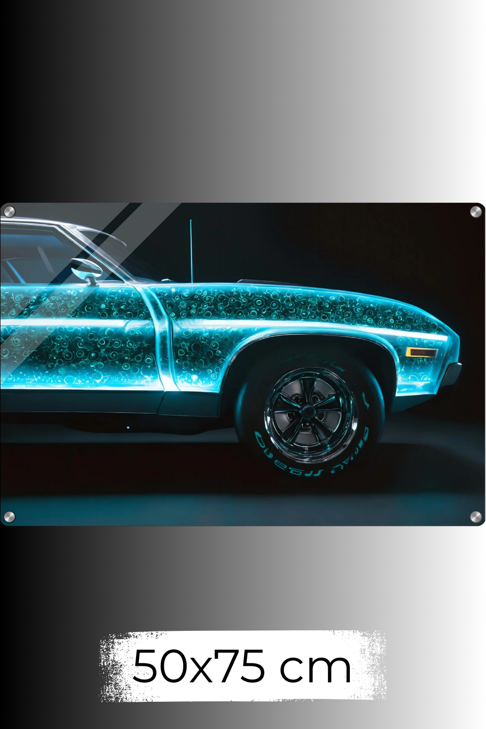 Tradition trifft Zukunft: „Neon Heritage“ zeigt ein klassisches Auto mit leuchtendem High-Tech-Kern. Einzigartiges Design für Technik-Fans bei Gudekind. Acryl 50x75 cm