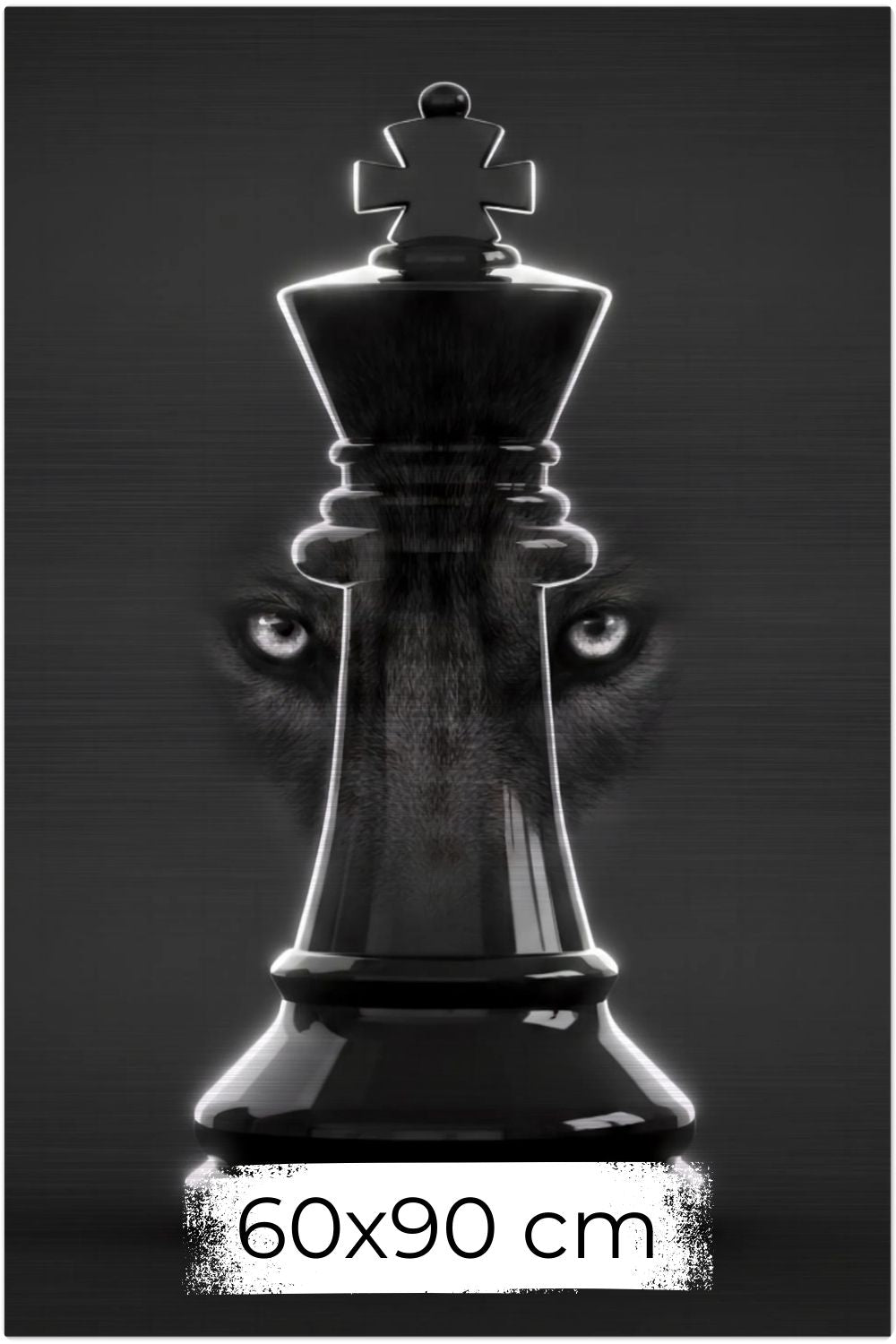 Setzen Sie ein Zeichen für Führung & Strategie. "Alpha Strategy" vereint die Eleganz des Schachs mit der Kraft des Wolfes. Brushed 60x90 cm