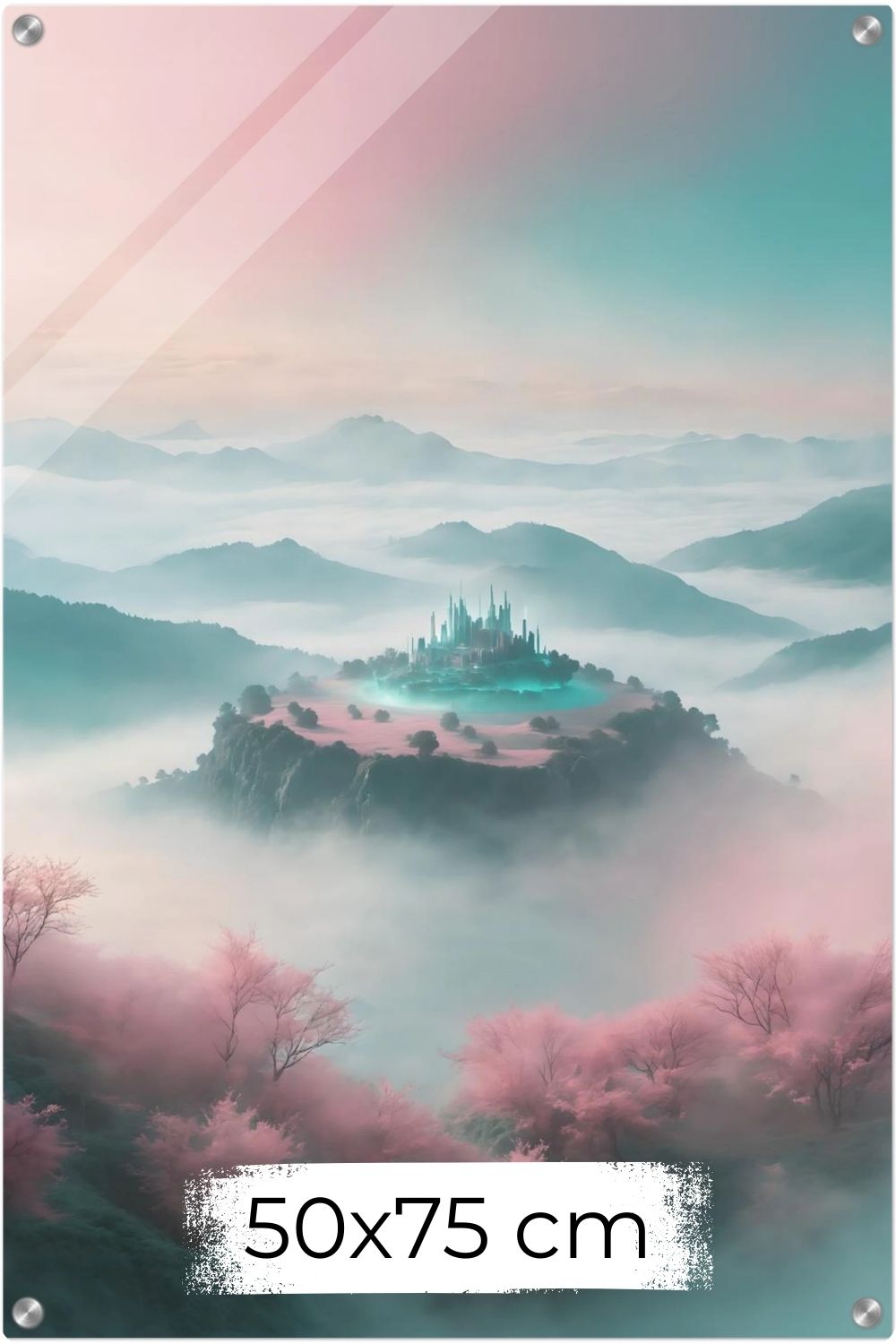 Ein Ort der Ruhe: „Celestial Sanctuary“ zeigt ein magisches Schloss über den Wolken in Rosé & Türkis. Exklusive Fantasy-Kunst für Ihr Zuhause bei Gudekind. Acryl 50x75 cm