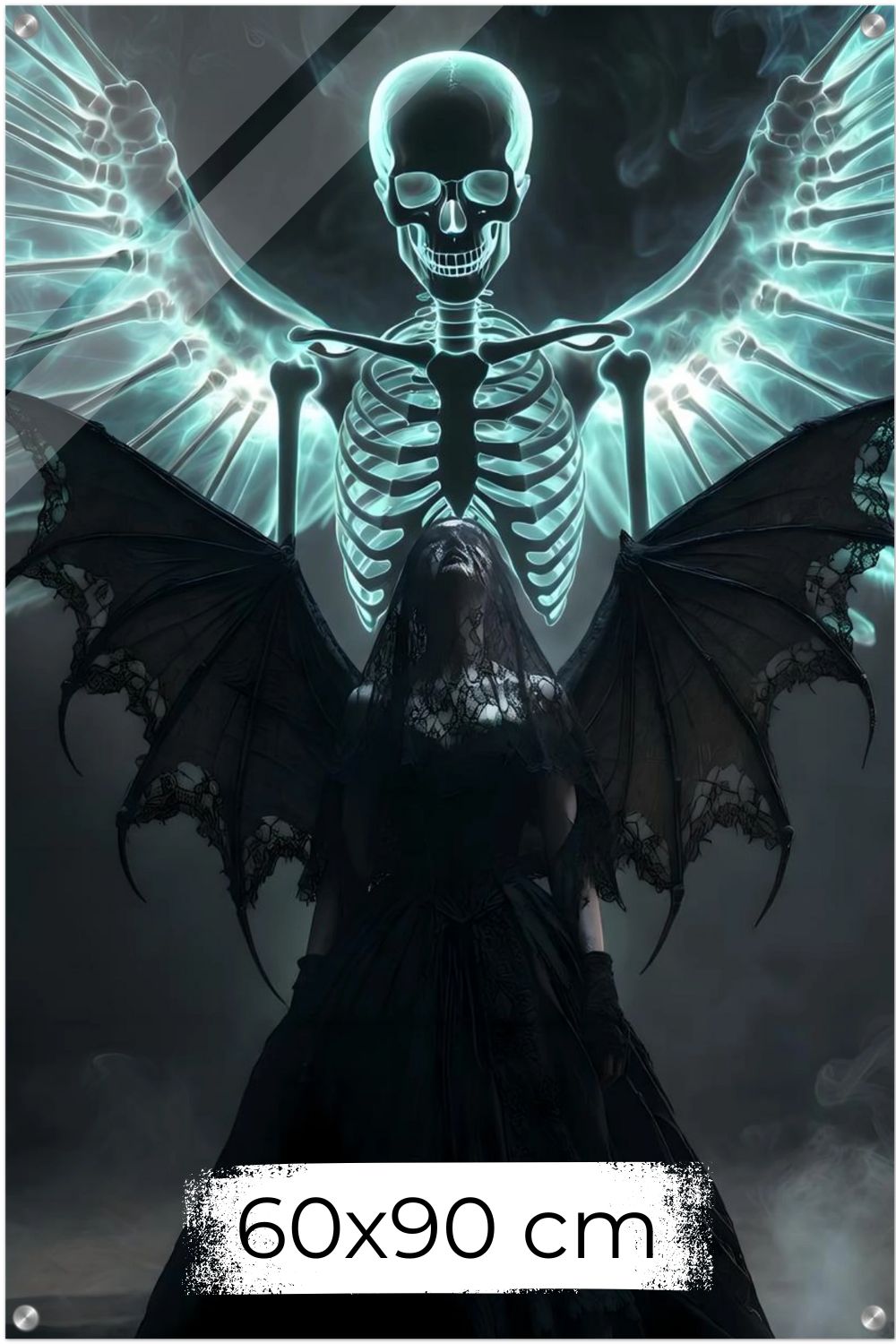 Düsteres Fantasy-Wandbild einer Frau in schwarzem Kleid mit großen Flügeln und einem leuchtenden Skelett-Engel im Hintergrund. Acryl 60x90cm