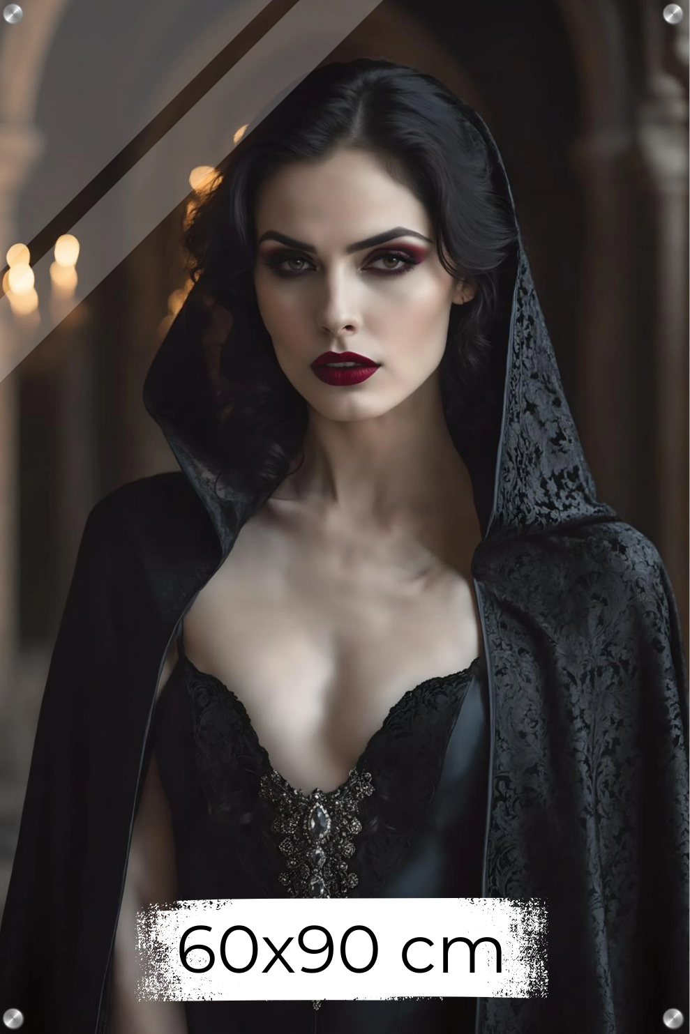 Hochwertiges Porträt einer Frau mit dunklen Haaren und roten Lippen, die einen schwarzen Spitzenumhang mit Kapuze vor einem Hintergrund mit brennenden Kerzen trägt. Acryl. 60x90 cm