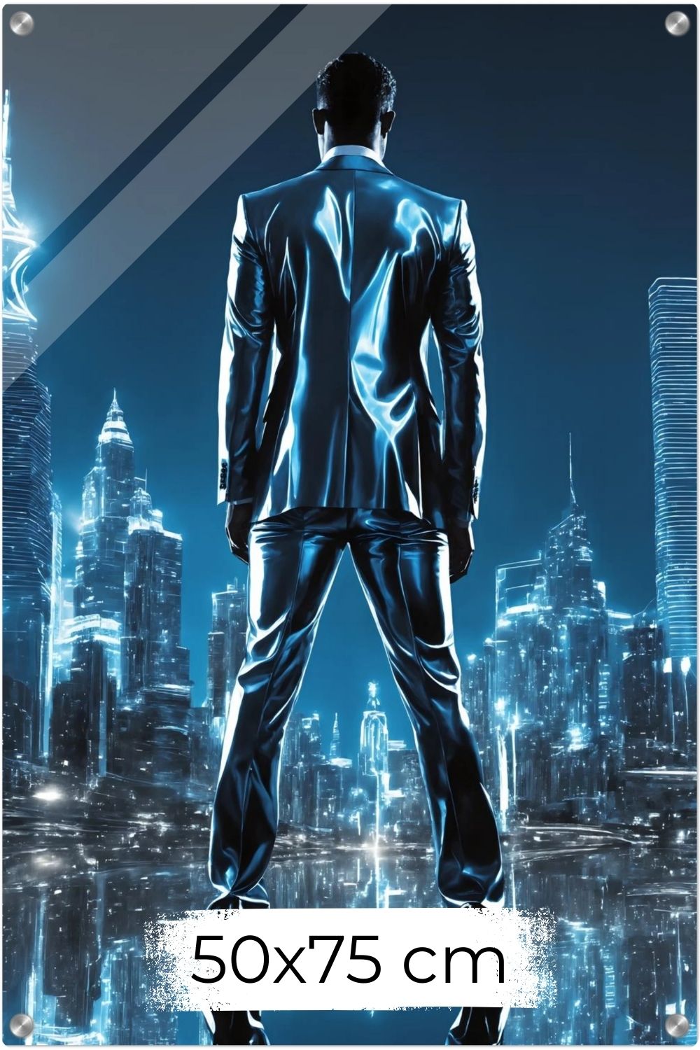 Erfolg visualisiert: „Liquid Ambition“ zeigt einen Mann in Metall-Optik vor einer strahlenden Skyline. Kraftvolle Kunst für Ihr Büro bei Gudekind. Acryl 50x75 cm