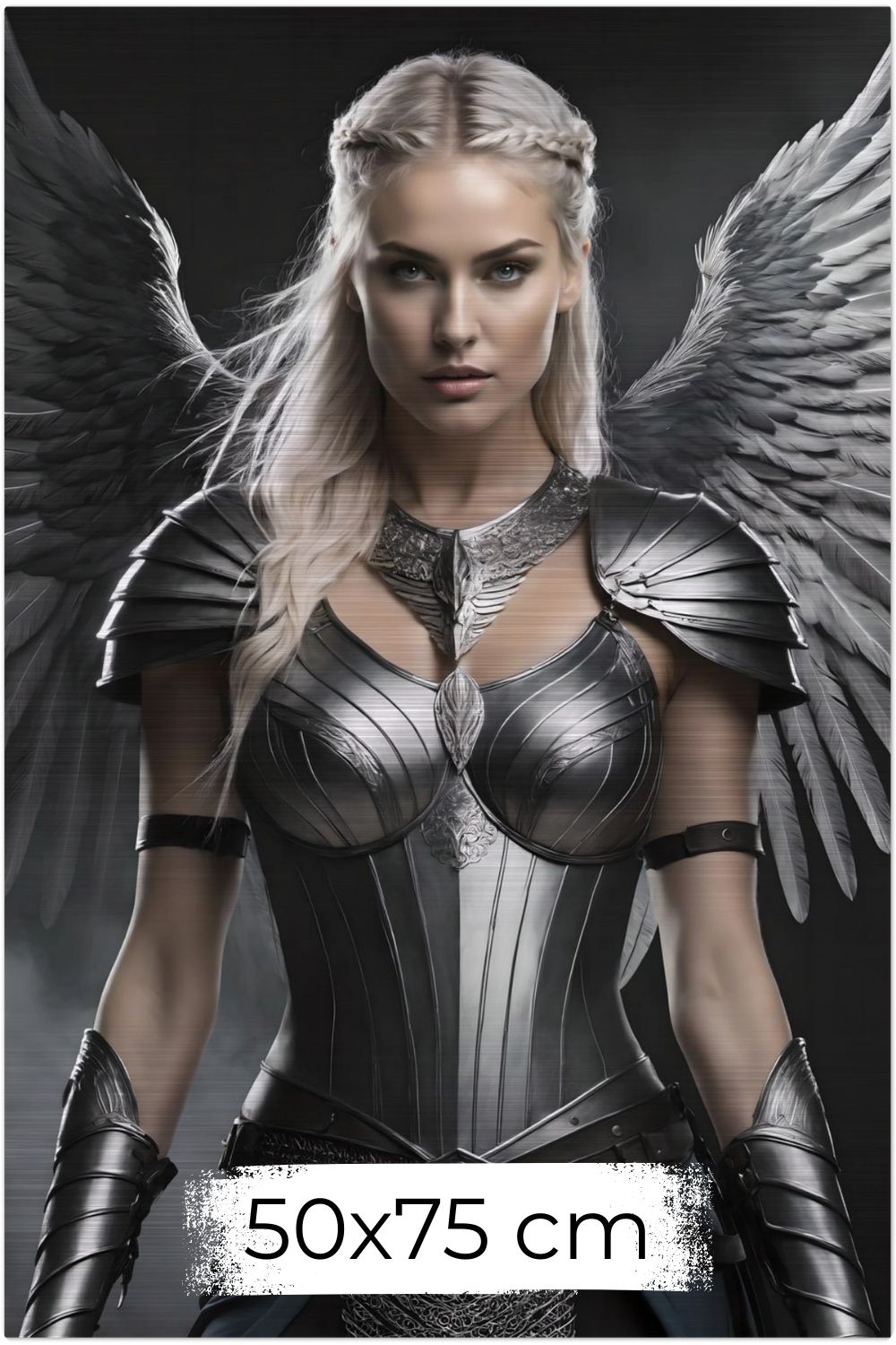 Cineastisches Fantasy-Wandbild einer majestätischen Walküre in glänzender Silberrüstung mit großen, detaillierten Metallflügeln vor dunklem Hintergrund. Brushed 50x75 cm