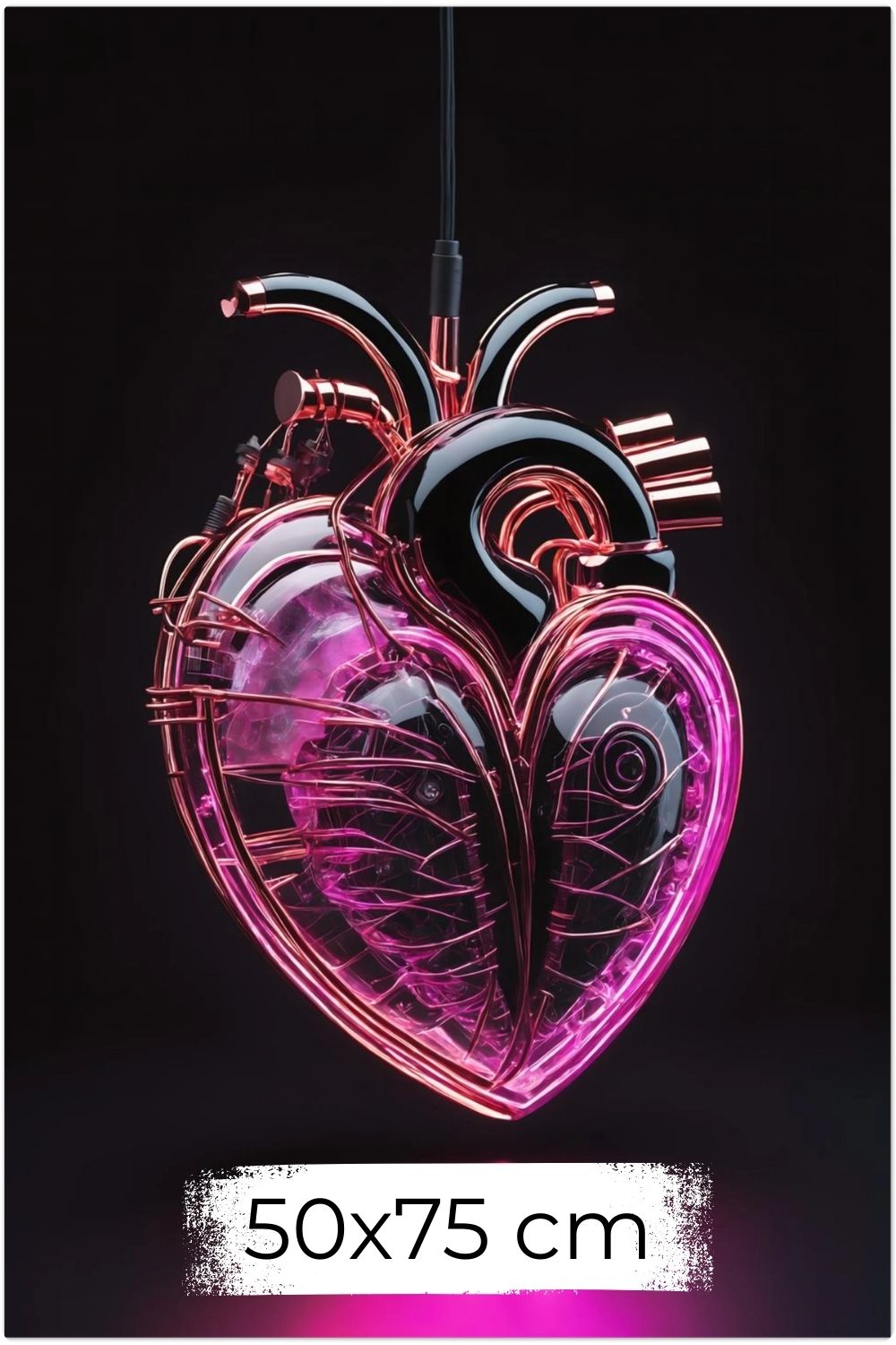 Digitales Kunstwerk eines anatomischen Herzens mit leuchtend pinken Neon-Strukturen und glänzenden schwarzen Oberflächen auf dunklem Grund. Dibond 50x75 cm