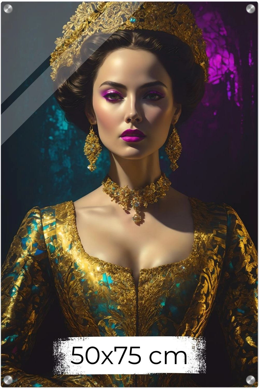 Digitales Porträt einer barocken Königin in Gold und Türkis mit deutlich sichtbaren, künstlerischen Glitch-Effekten und Pixelfehlern. Acryl 50x75 cm