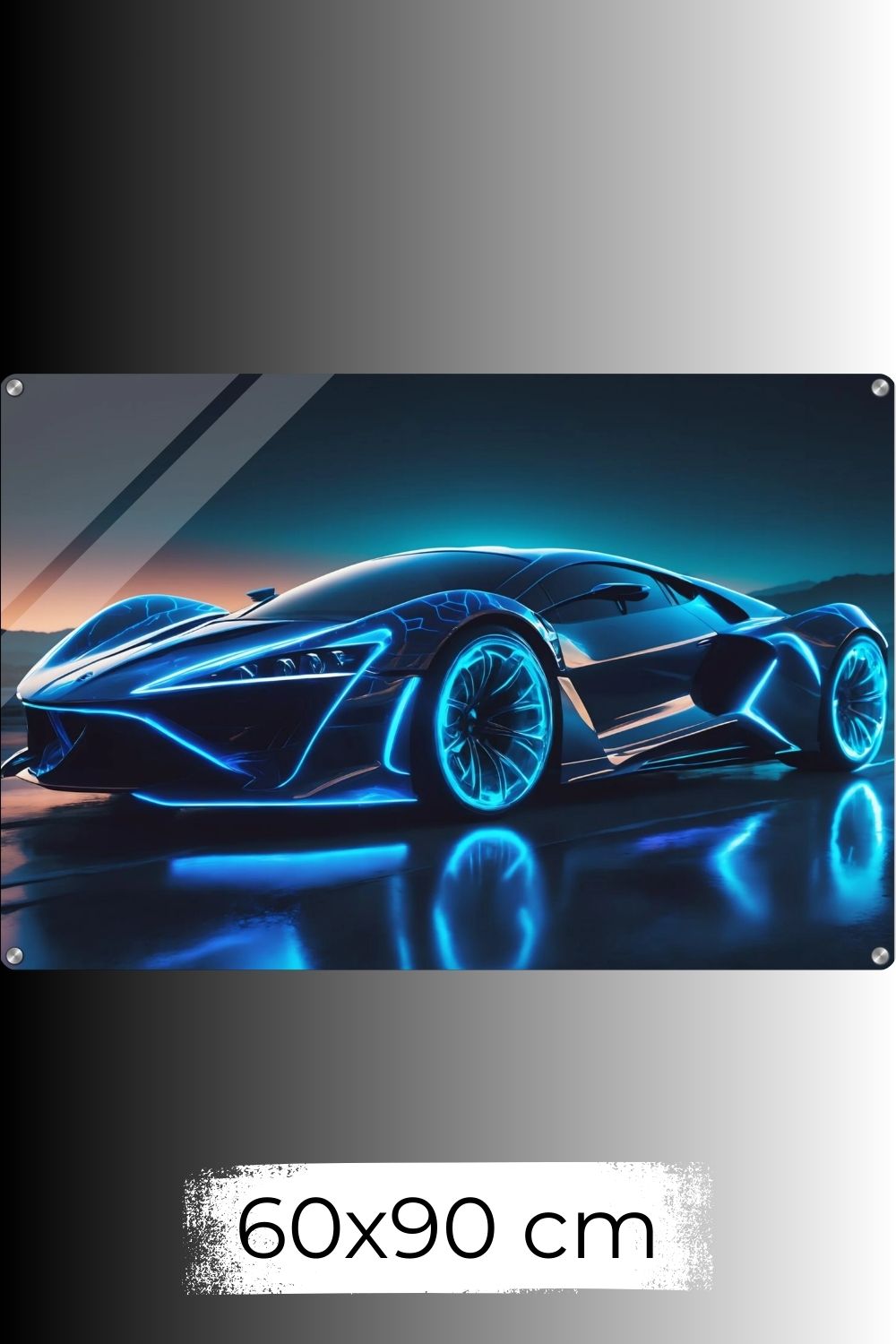 Futuristisches Hypercar-Wandbild in Schwarz mit leuchtend blauen Neon-Konturen und glühenden Felgen auf nasser Fahrbahn bei Nacht. 60x90 cm. Acryl 60x90 cm
