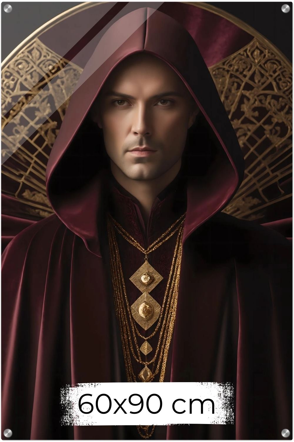 Digitales Kunstwerk einer männlichen Gestalt mit purpurner Kapuze, goldenen Ketten und kunstvollem Hintergrund. Acryl 60x90 cm