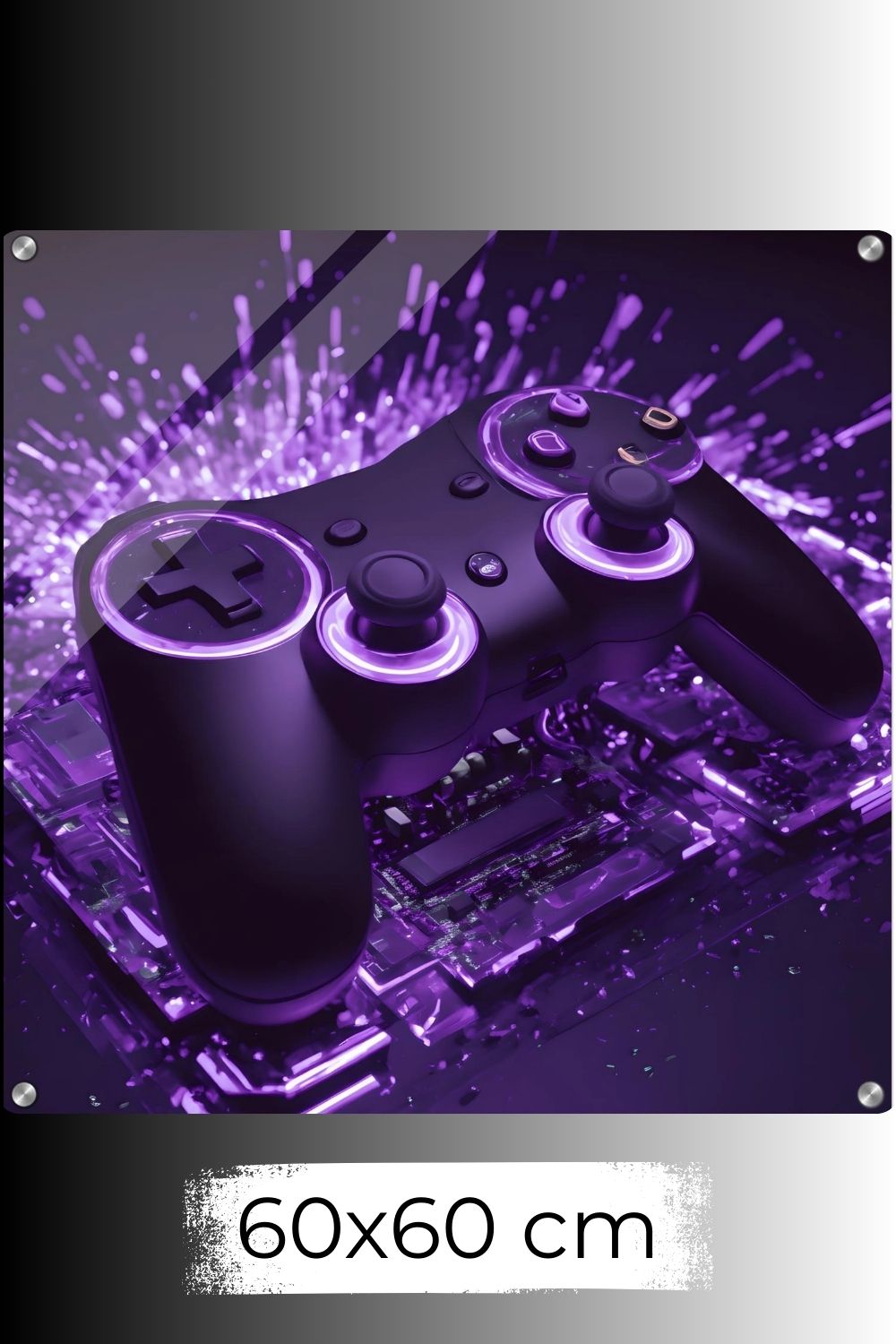 Modernes Gaming-Wandbild mit einem schwarzen Controller, der von violettem Neonlicht und Lichtpartikeln umgeben ist. Acryl 60x60 cm