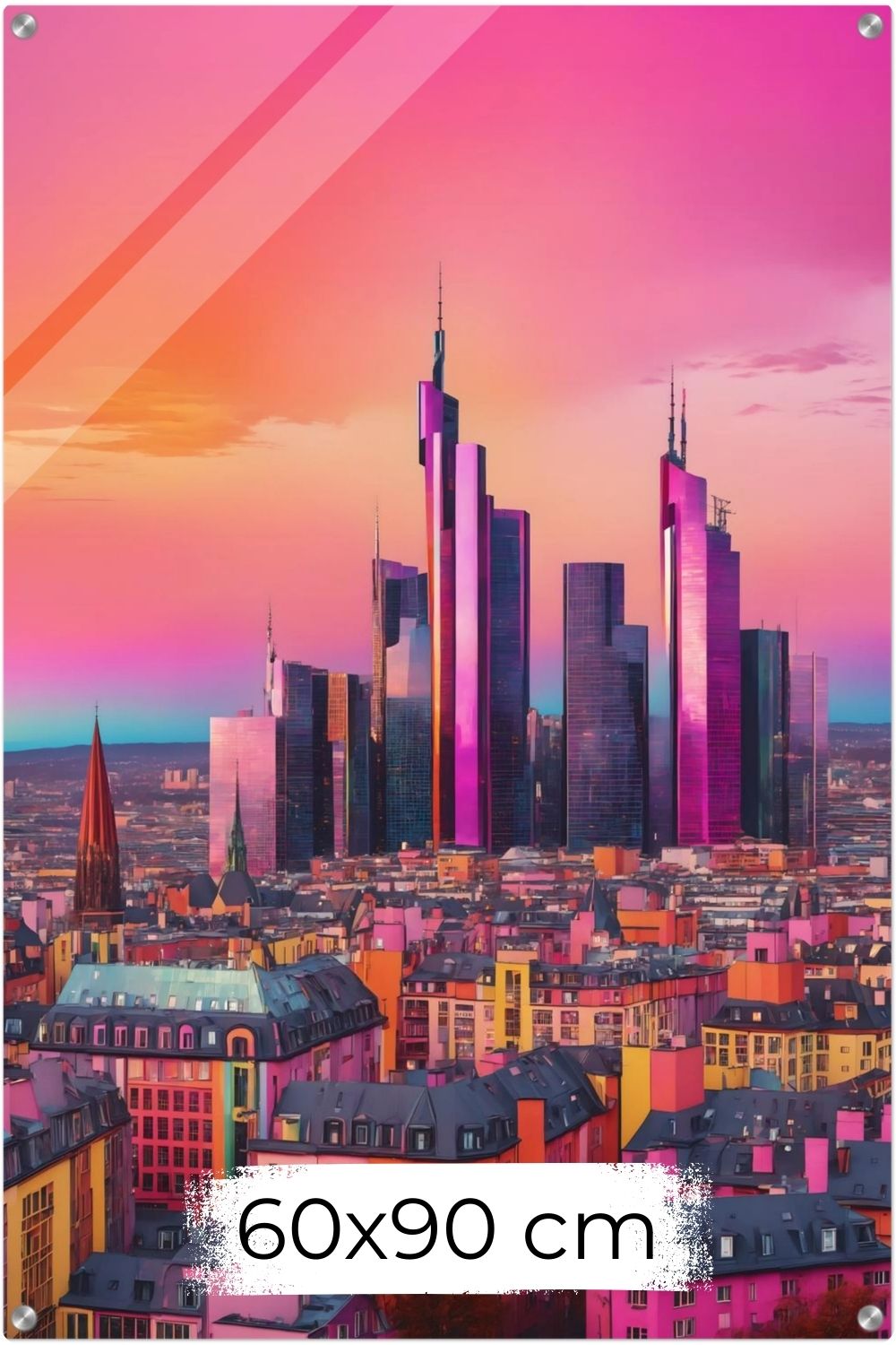 Buntes Wandbild der Frankfurter Skyline in intensiven Pink- und Violetttönen im modernen Pop-Art-Illustrationsstil. Acryl 60x90 cm