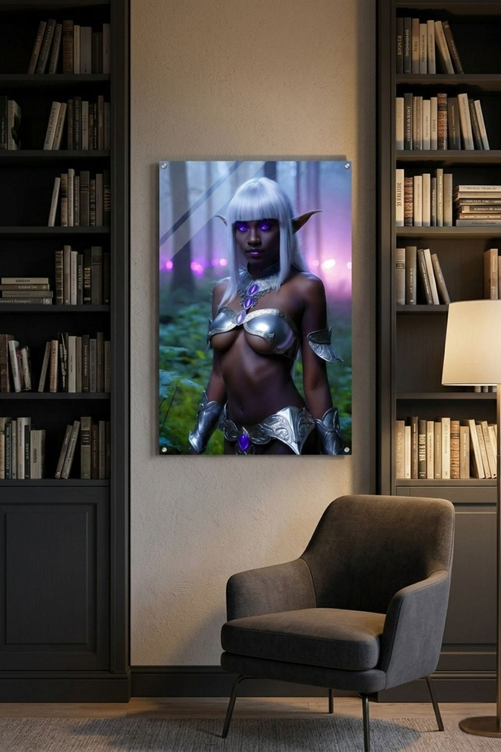 Mystisches Porträt einer Dunkelelfin mit platinweißem Haar, leuchtend violetten Augen und einer silbernen Rüstung in einem nebligen Wald. Acryl