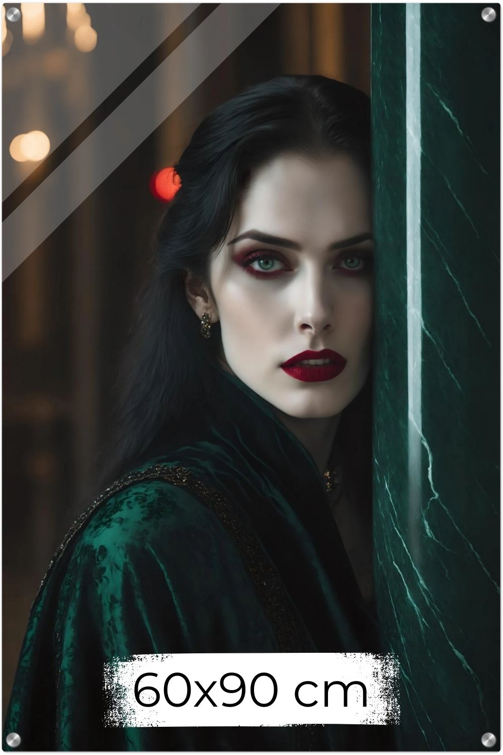 Aristokratisches Porträt einer Frau in grünem Samt an einer Marmorsäule mit roten Lippen. Acryl 60x90 cm
