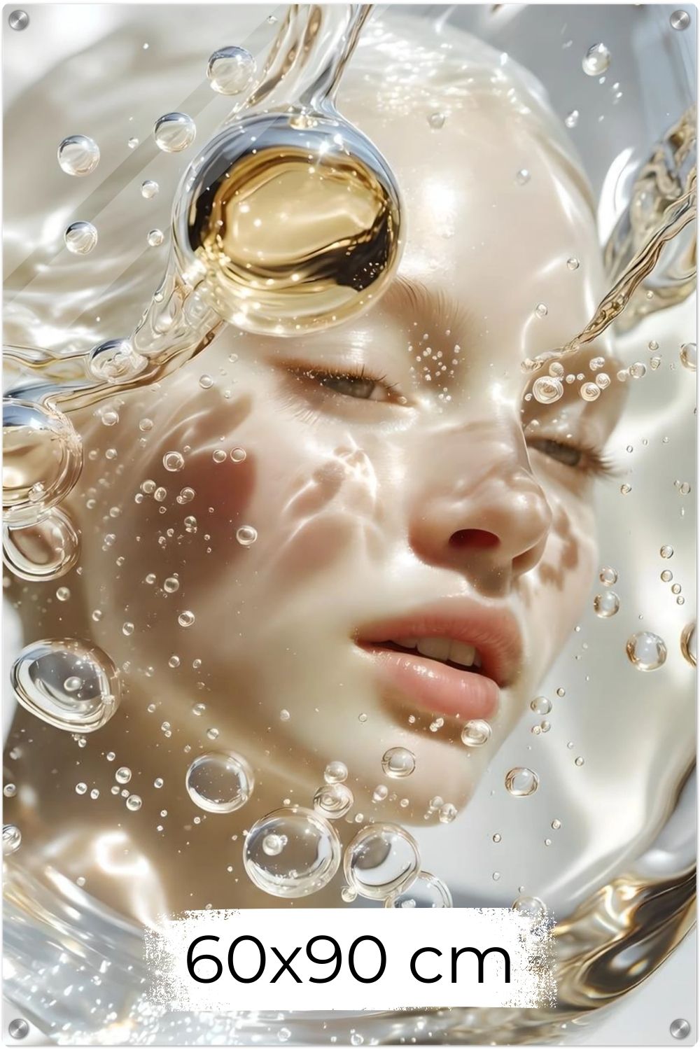 Surreales Porträt einer Frau hinter klarem Wasser mit vielen aufsteigenden Luftblasen, Wassertropfen und hellen Lichtreflexen. Acryl 60x90 cm