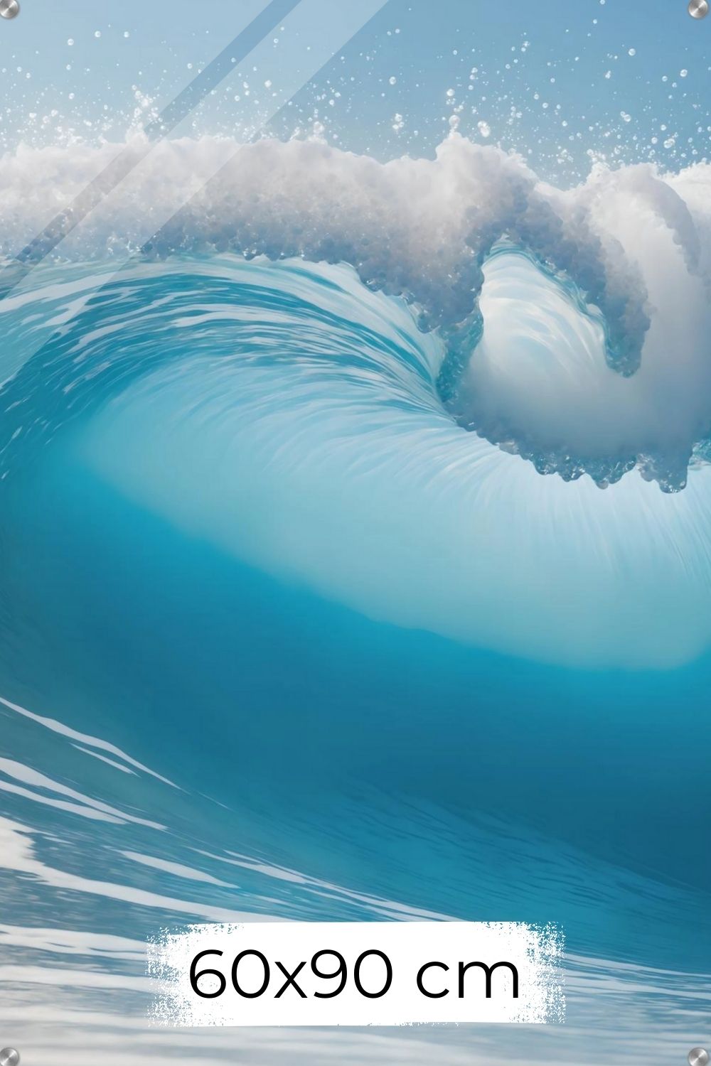 Hochwertiges Wandbild einer großen, brechenden Meereswelle in hellem Türkis mit weißer Gischt unter klarem Himmel. Acryl 60x90 cm