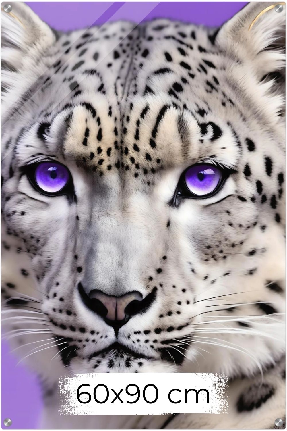 Detailliertes Porträt eines Schneeleoparden mit intensiv leuchtenden violetten Augen vor einem fliederfarbenen Hintergrund. Acryl 60x90 cm