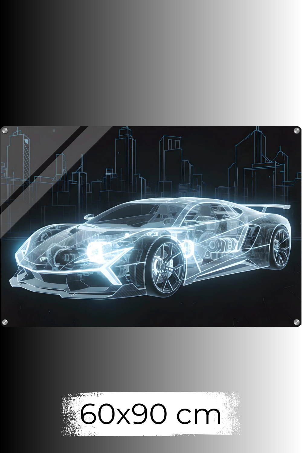 Futuristisches Wandbild eines transparenten, blau leuchtenden Supersportwagens in Blueprint-Optik vor einer skizzierten Stadt-Skyline. Acryl 60x90 cm