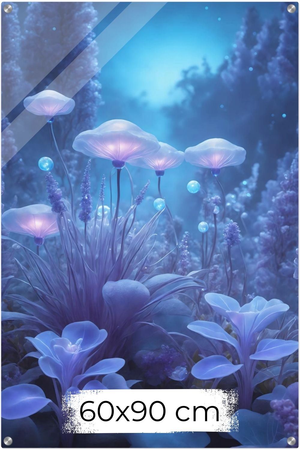 Digitales Kunstwerk einer fantastischen Waldlandschaft mit biolumineszenten, blau leuchtenden Pilzen und Blumen in sanftem Licht. Acryl 60x90 cm